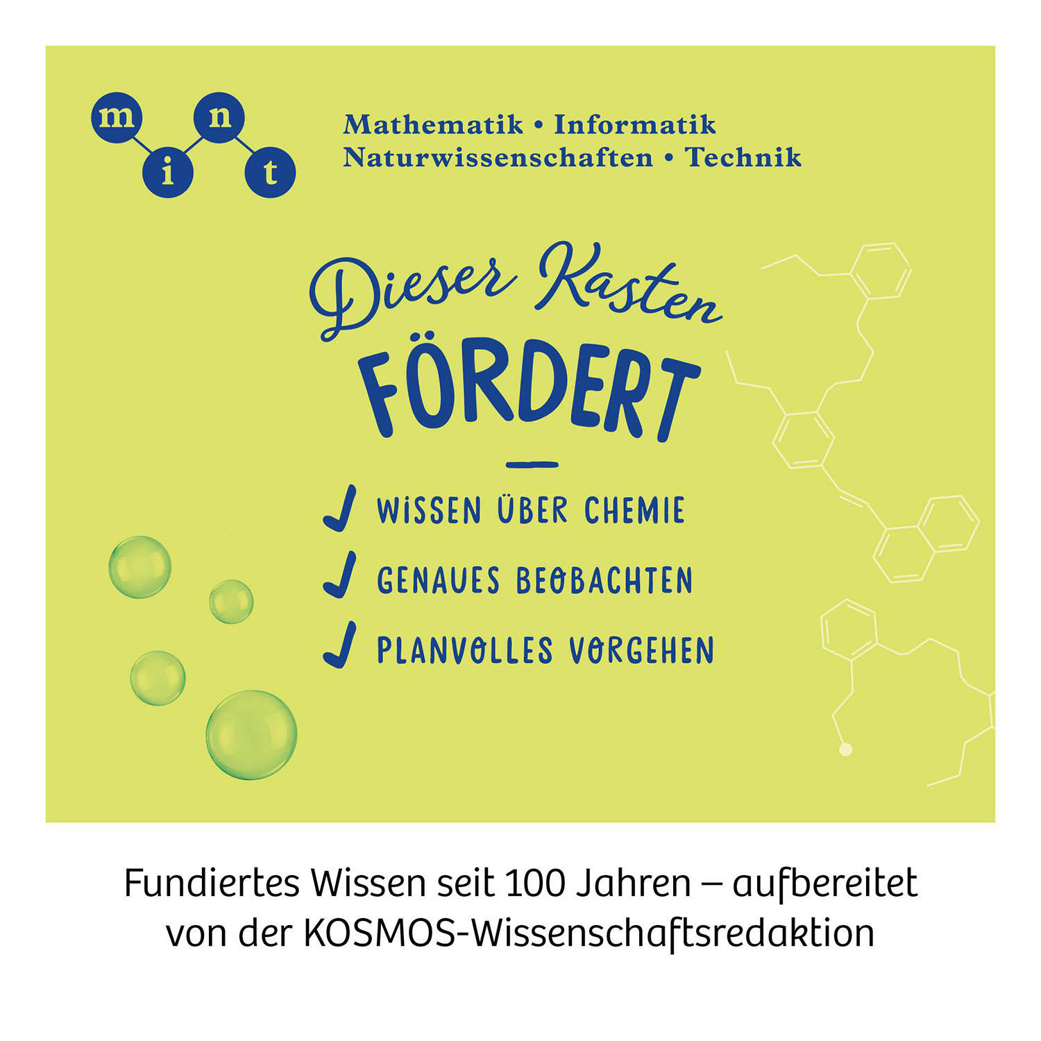 Poster mit deutschem Text. Es fördert Chemiekenntnisse, Beobachtung und Planung mit grünem und weißem Design.