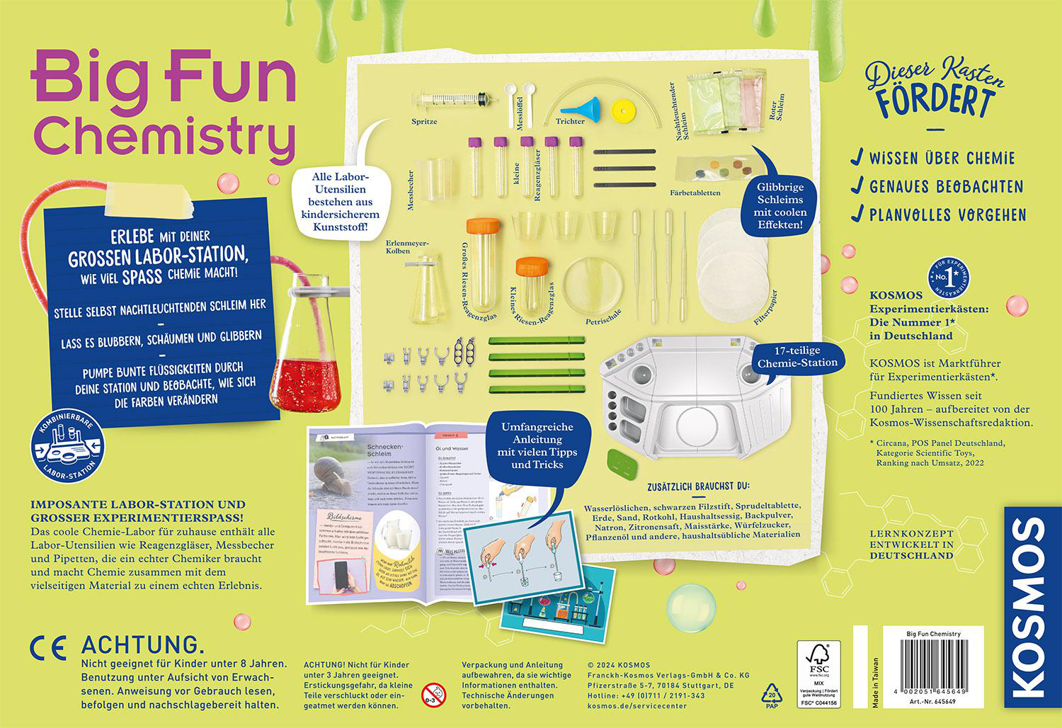 Ein Chemiebaukasten mit verschiedenen Laborwerkzeugen und Anweisungen. Auf der Box steht 'Big Fun Chemistry' und das Kosmos-Logo.