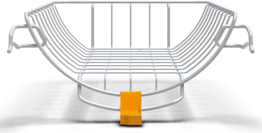 Ein weißer Drahtkorb mit einem orangefarbenen Tab. Der Korb hat ein gebogenes Design mit vertikalen und horizontalen Drähten. Schwarzer Hintergrund.