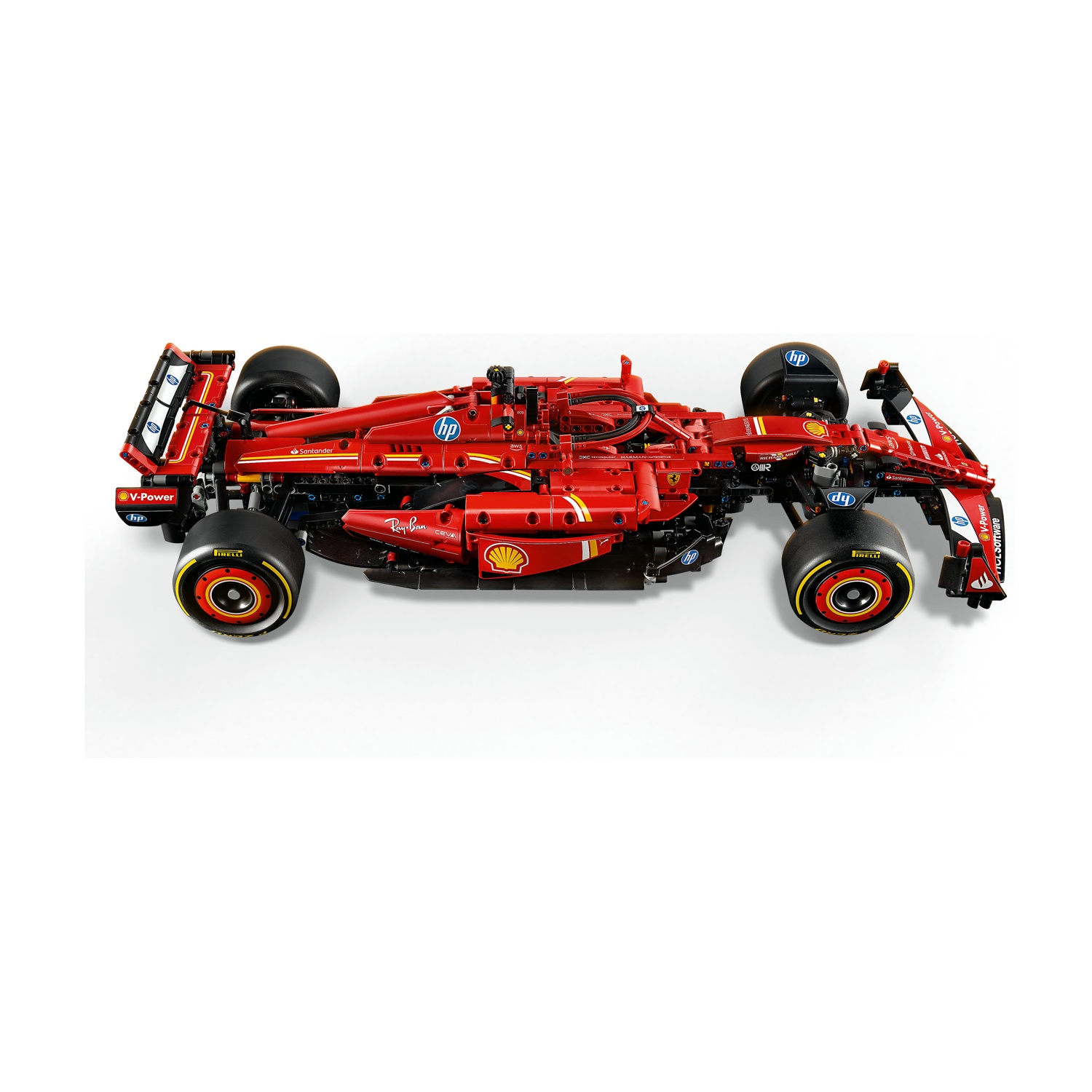 Un'auto rossa Lego Ferrari di Formula 1 su sfondo bianco. Ha pneumatici neri e vari loghi di sponsor.