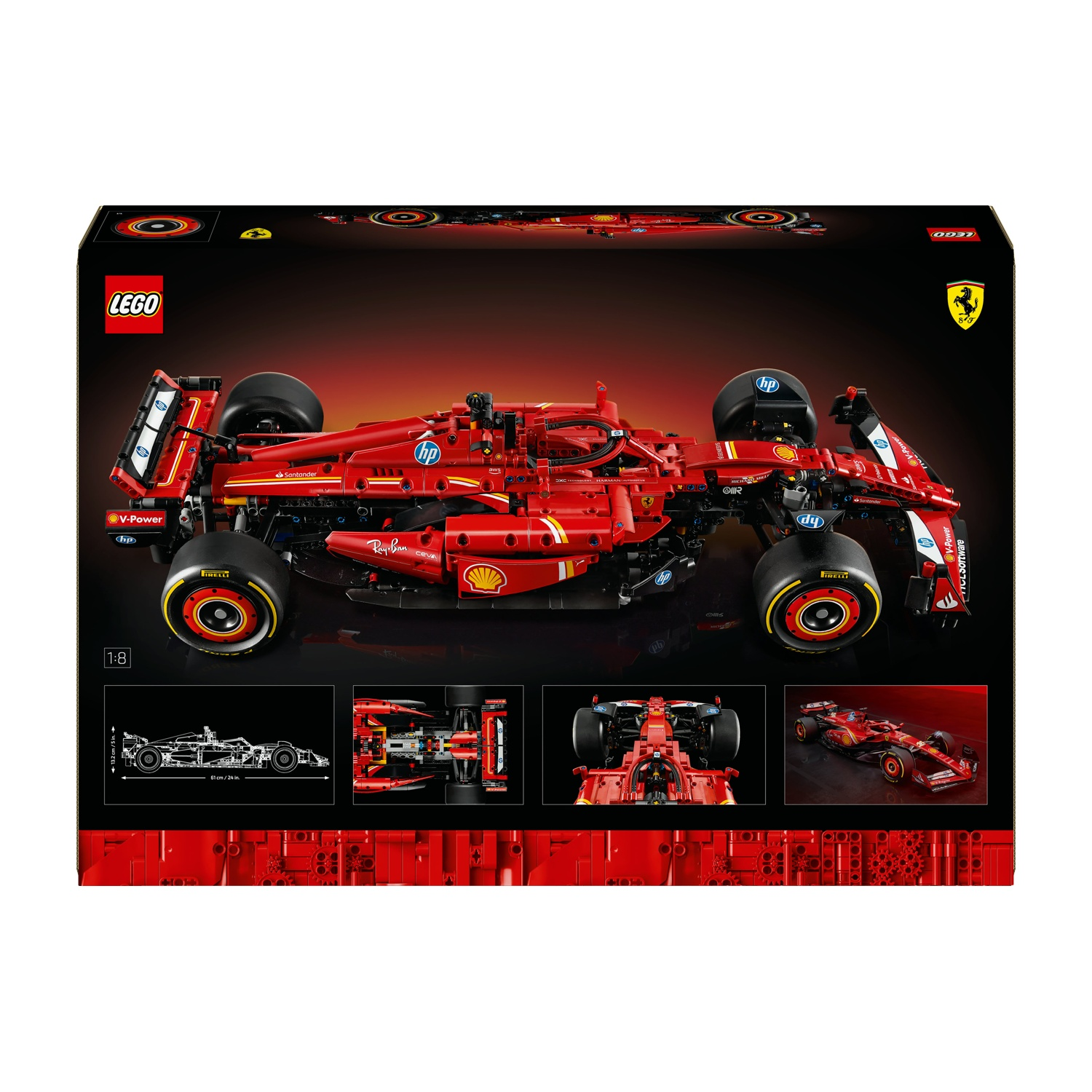 Una scatola Lego mostra un modello di auto Ferrari F1 rossa. Ha i loghi degli sponsor e i loghi Lego e Ferrari. Lo sfondo è scuro.