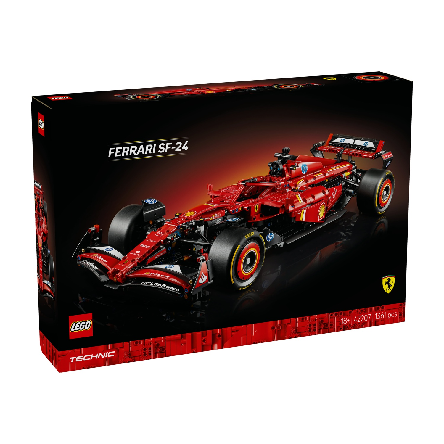 Una scatola Lego mostra una Ferrari SF-24 rossa. La scatola è nera con i loghi Lego e Ferrari. L'auto è dettagliata.