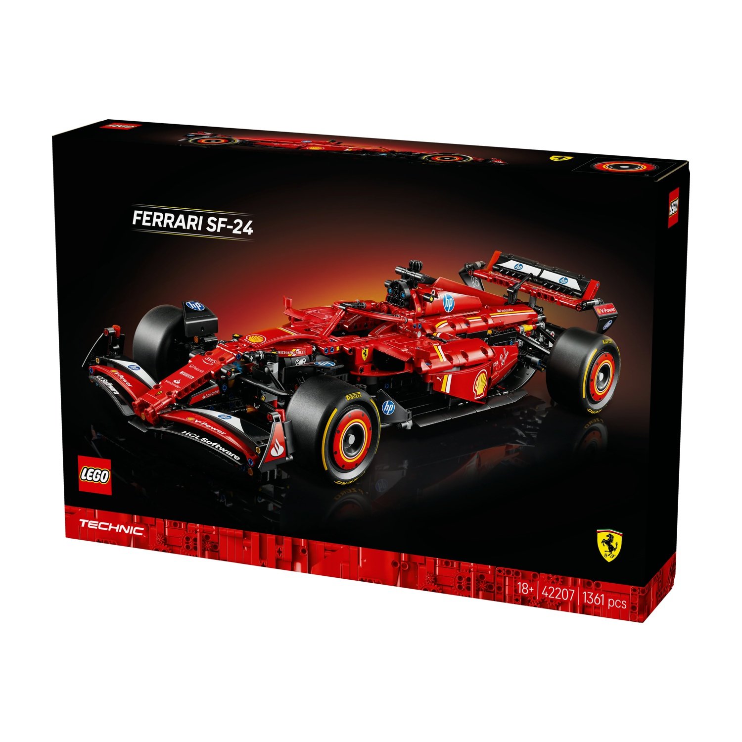 Una scatola Lego Technic mostra un modello di auto da corsa Ferrari SF-24 rosso. La scatola è nera con dettagli rossi, e il logo Lego è visibile.