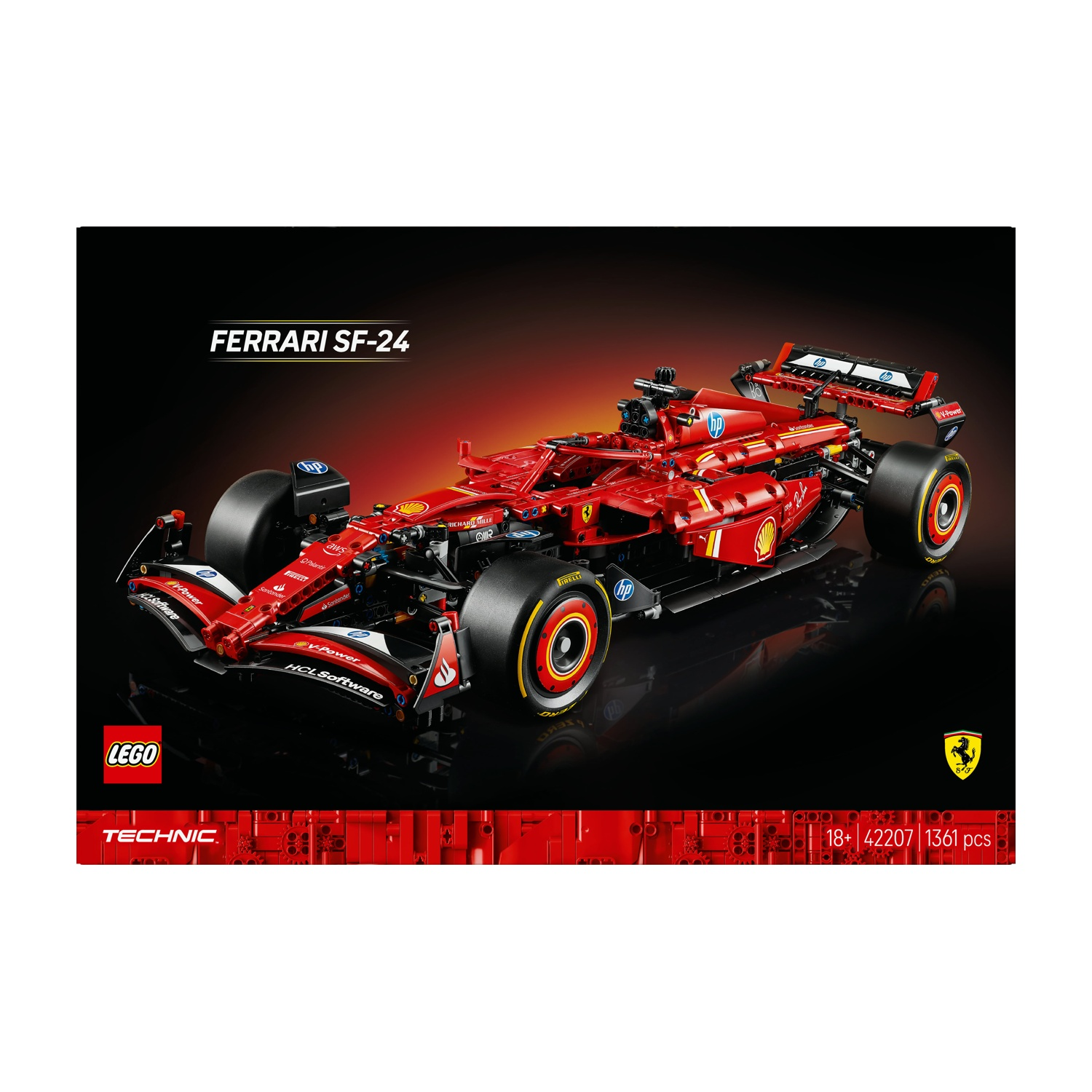 Un modello Lego Technic Ferrari SF-24. L'auto F1 rossa è su sfondo nero. Sono visibili i loghi degli sponsor e il logo Lego.