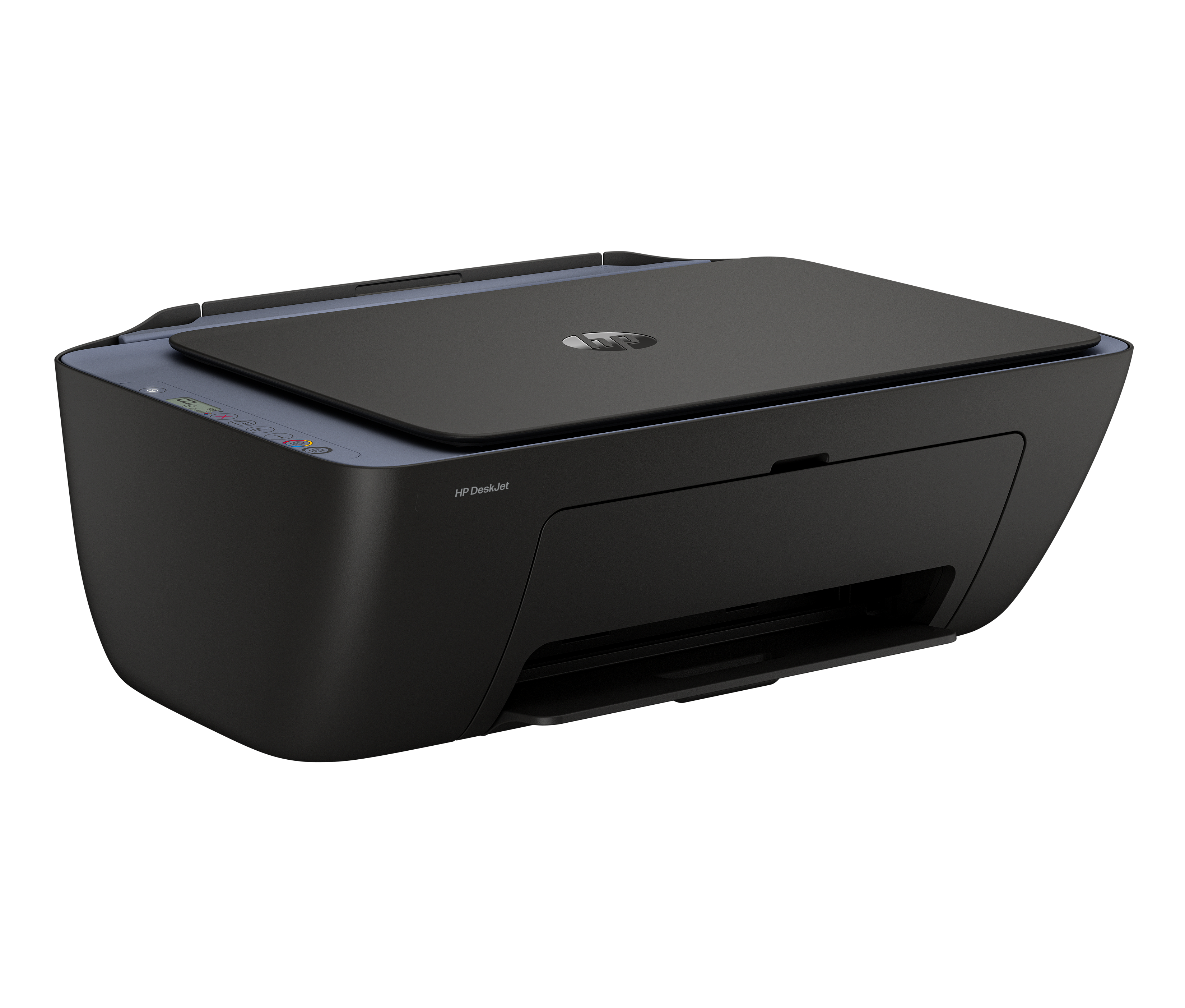 Ein schwarzer HP DeskJet Drucker. Er hat eine flache Oberseite, ein vorderes Papierfach und das HP-Logo auf der oberen Abdeckung.