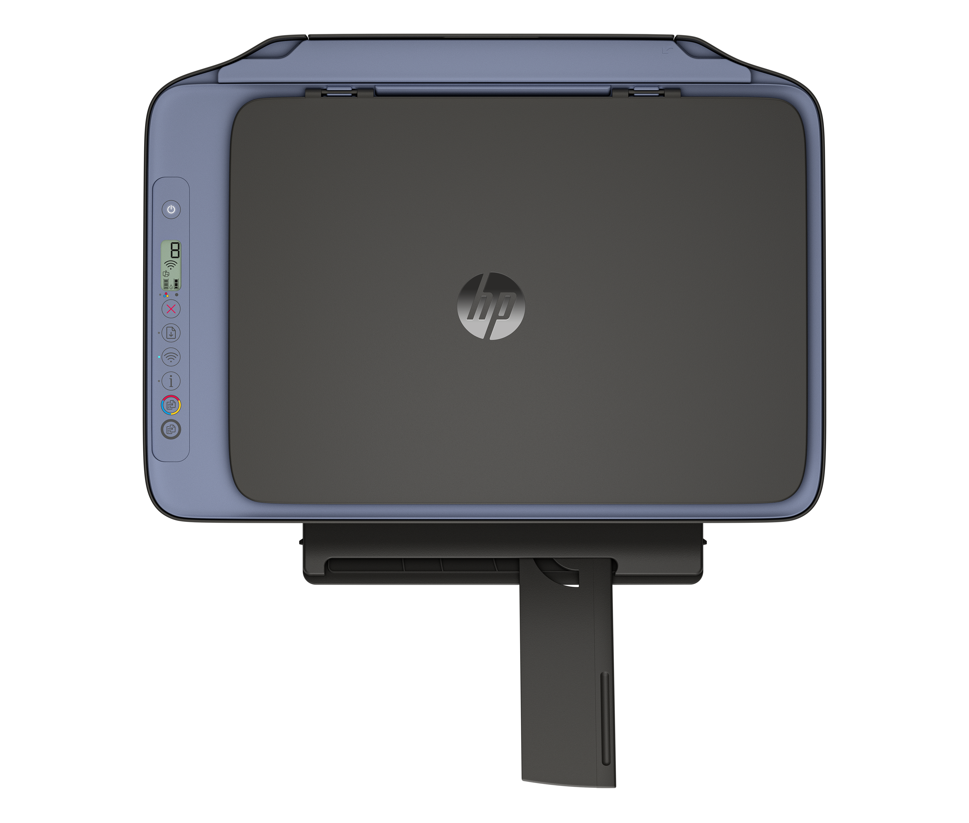 Draufsicht auf einen HP-Drucker. Dunkelblauer Körper mit schwarzem Deckel. Papierschale ist ausgezogen.