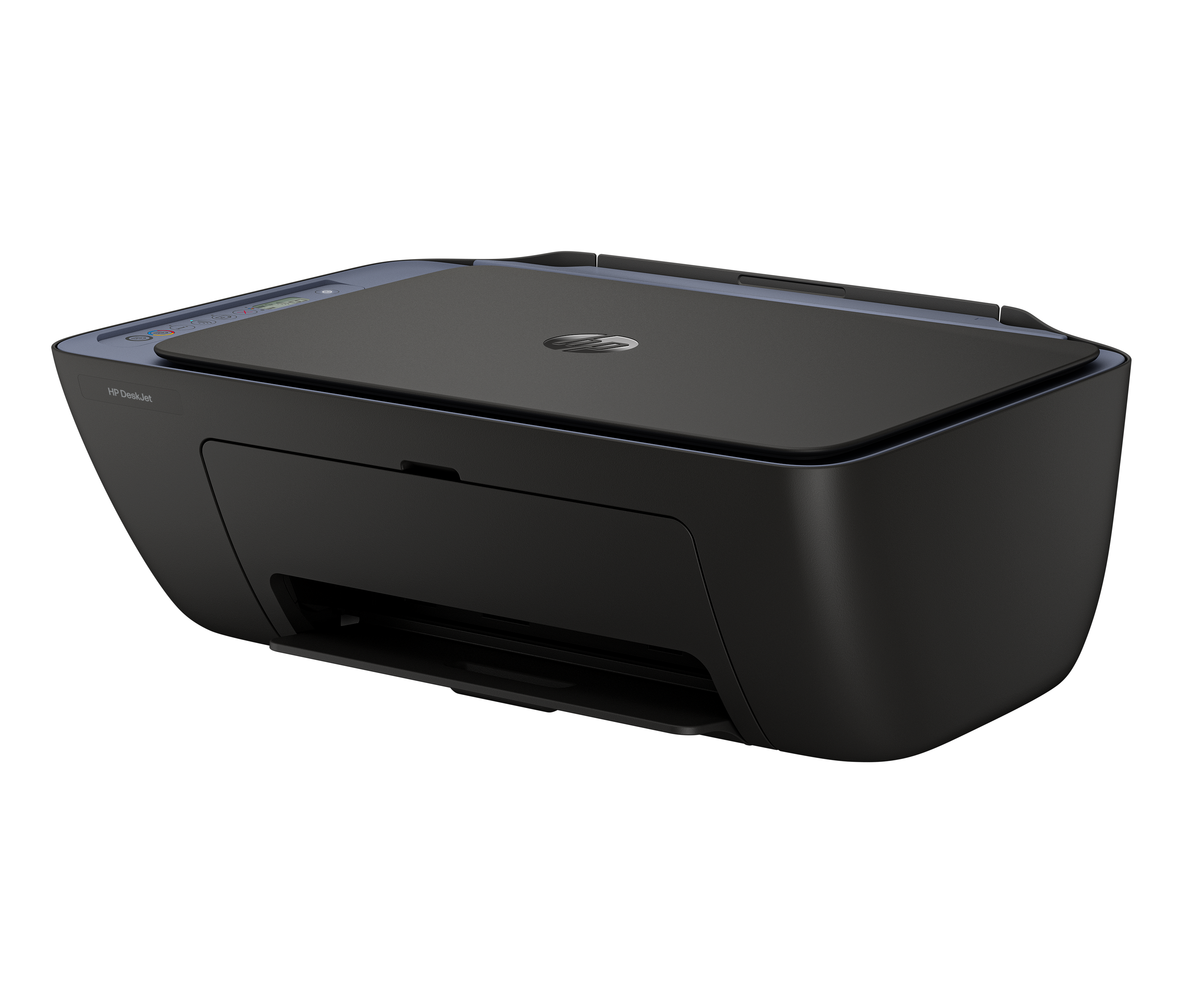 Ein schwarzer HP-Drucker auf weißem Hintergrund. Er hat einen Flachbettscanner und ein Papierausgabefach.