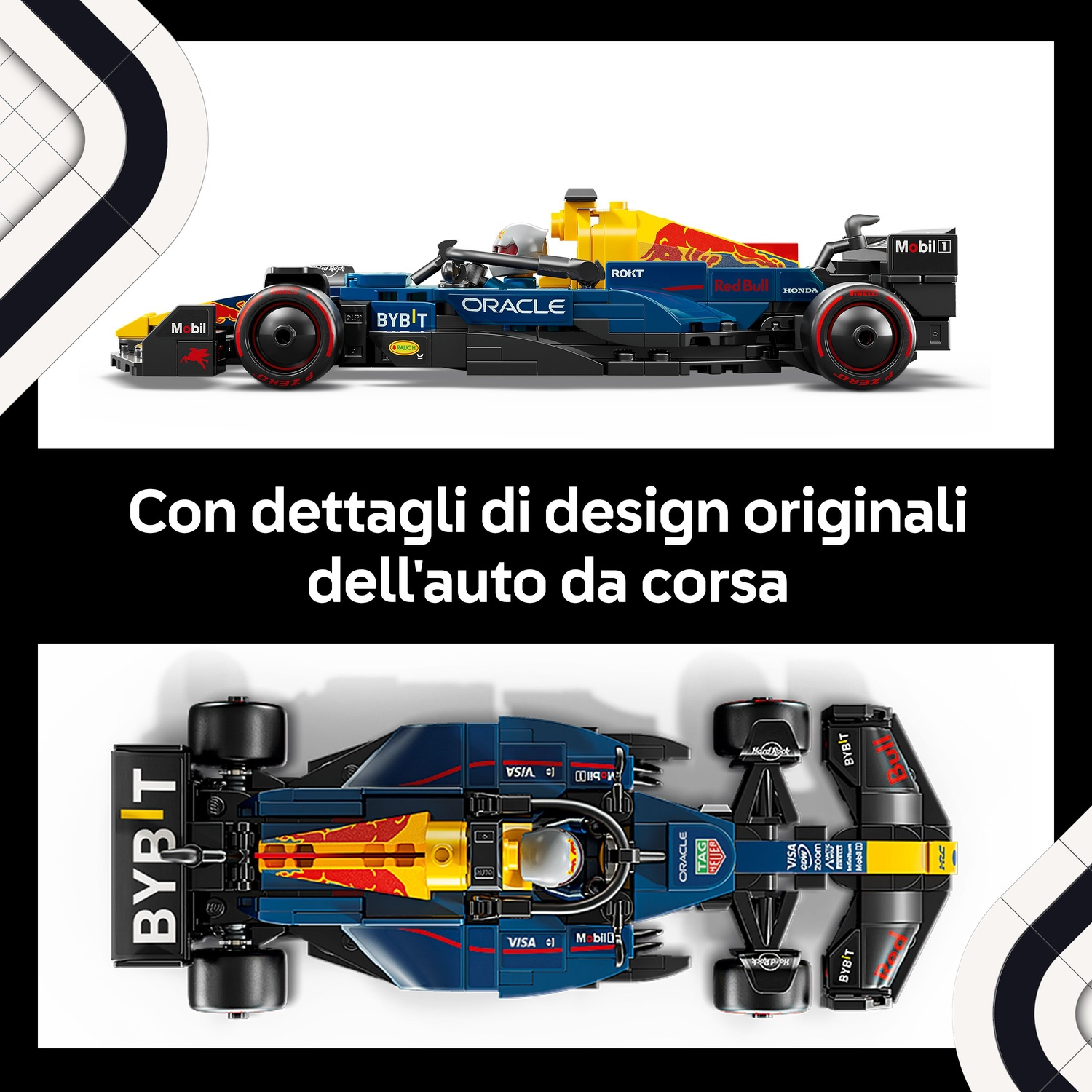 Un modello di auto da corsa Red Bull. Ha colori blu, giallo e rosso. I loghi degli sponsor sono visibili sull'auto.