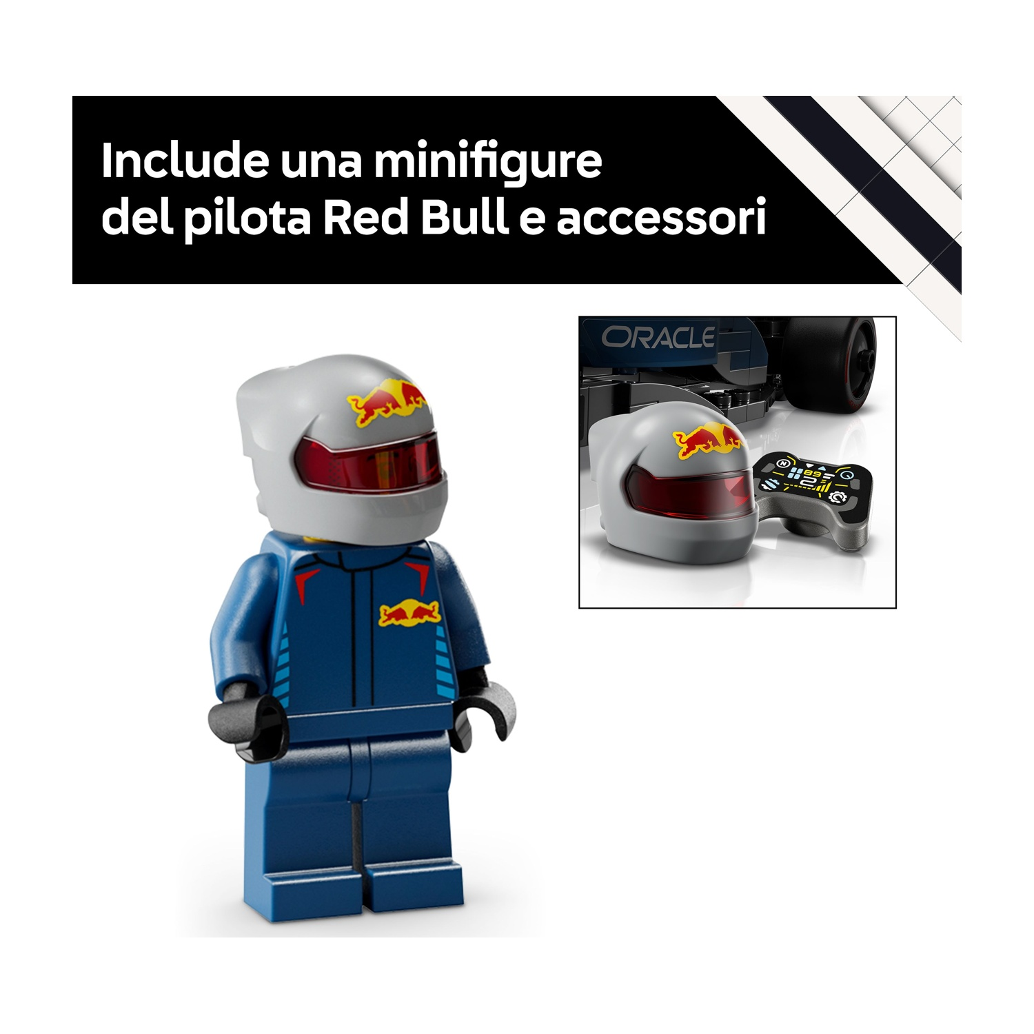 Una figura Lego di un pilota Red Bull con tuta blu e casco bianco con il logo Red Bull.