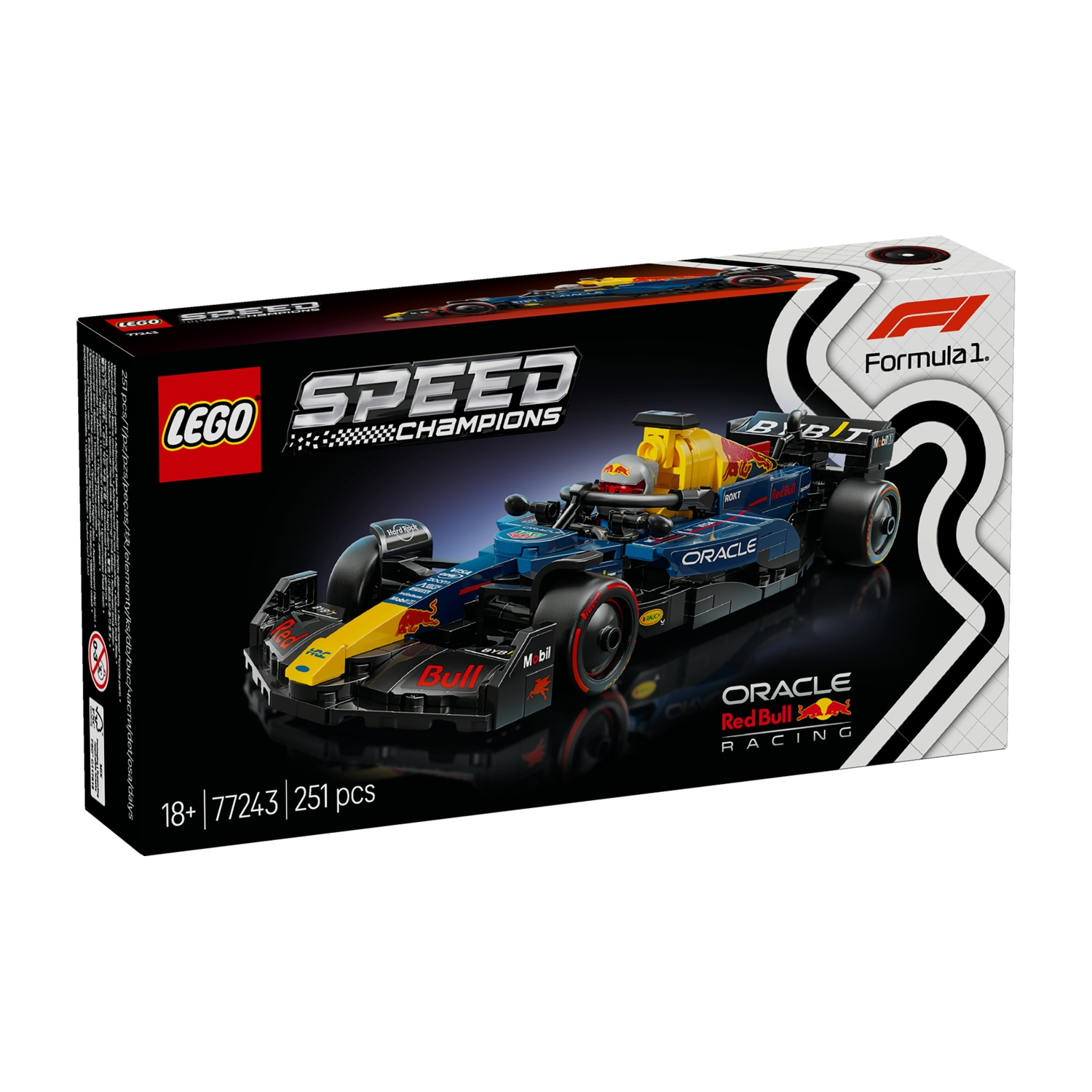 Un set Lego Speed Champions di una macchina da corsa Red Bull è in mostra. La scatola mostra il modello dell'auto con loghi e testo, tra cui 'Formula 1'.
