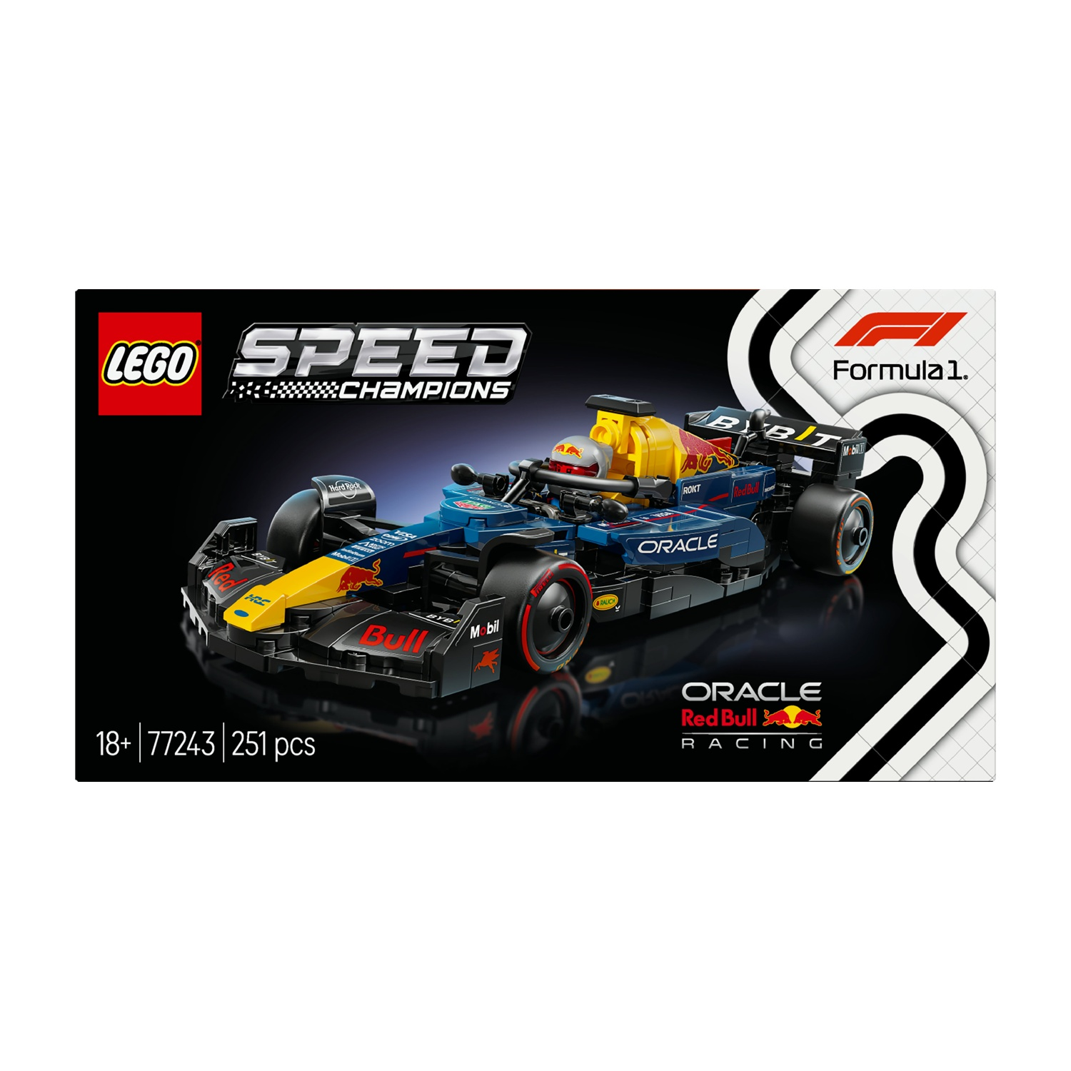 Un set Lego Speed Champions con una vettura di Formula 1 Red Bull Racing. La scatola mostra l'auto in dettaglio con i loghi degli sponsor.