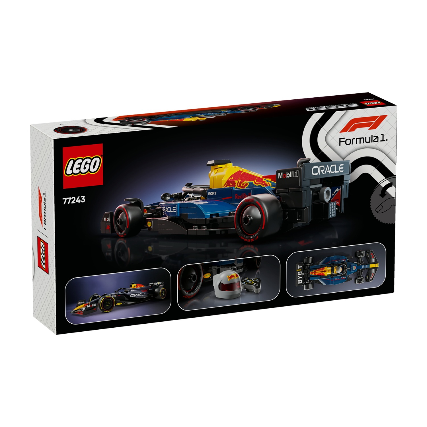 Una scatola Lego con un modello di auto di Formula 1. La scatola mostra l'auto in dettaglio, con loghi e marchi. I loghi Lego e Formula 1 sono visibili.