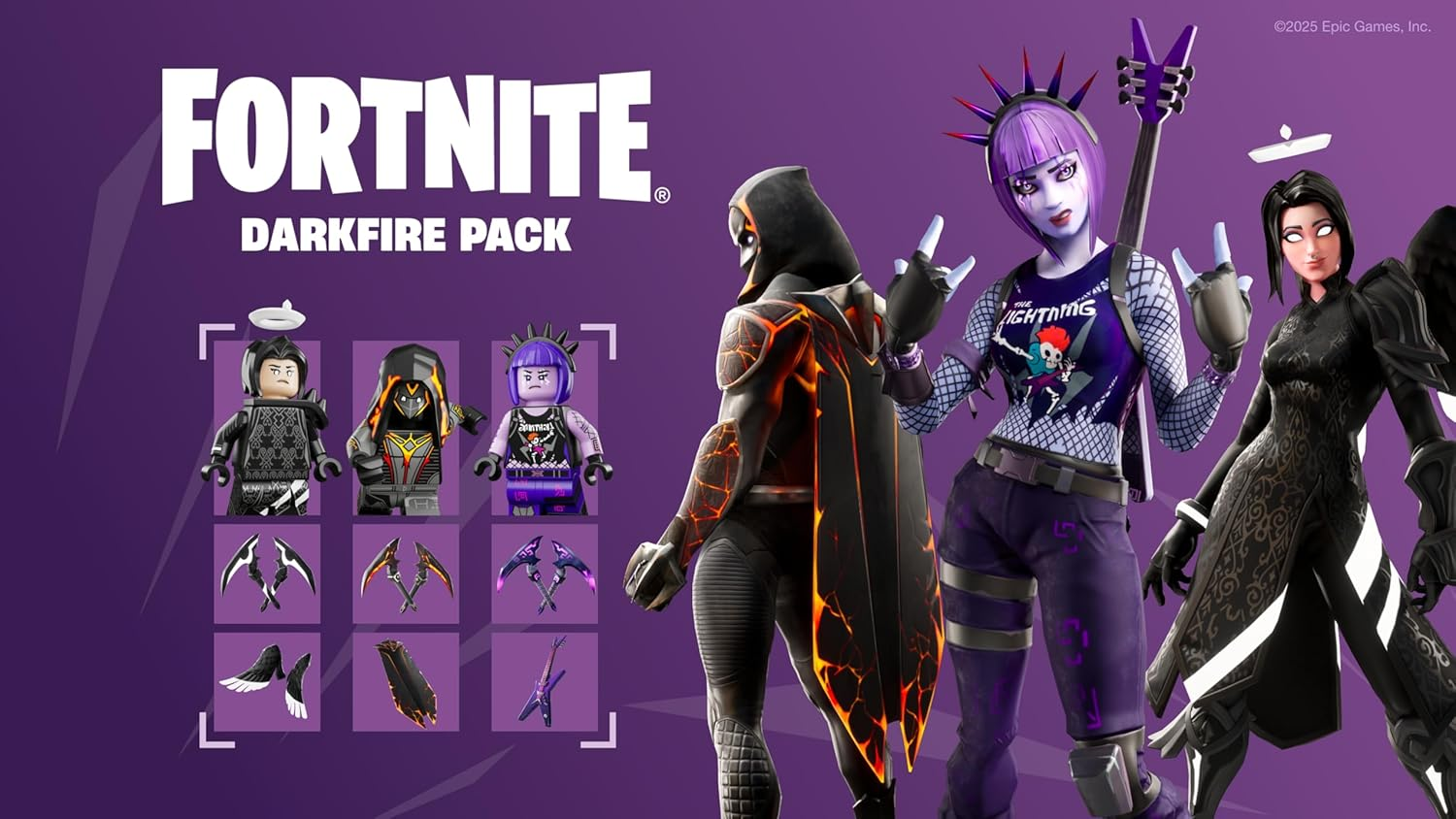 Fortnite Darkfire Pack. Se muestran personajes y accesorios. Colores morado, negro y naranja. Incluye figuras tipo Lego.