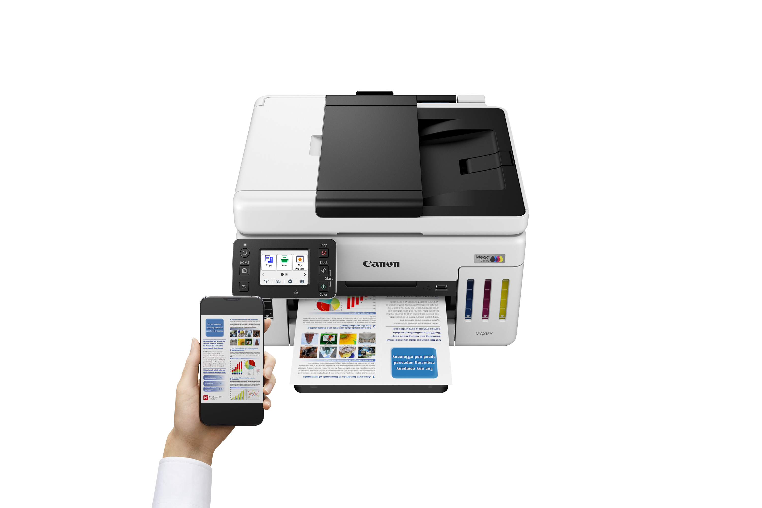 Ein Canon MAXIFY-Drucker mit Smartphone. Ein gedrucktes Dokument ist sichtbar.
