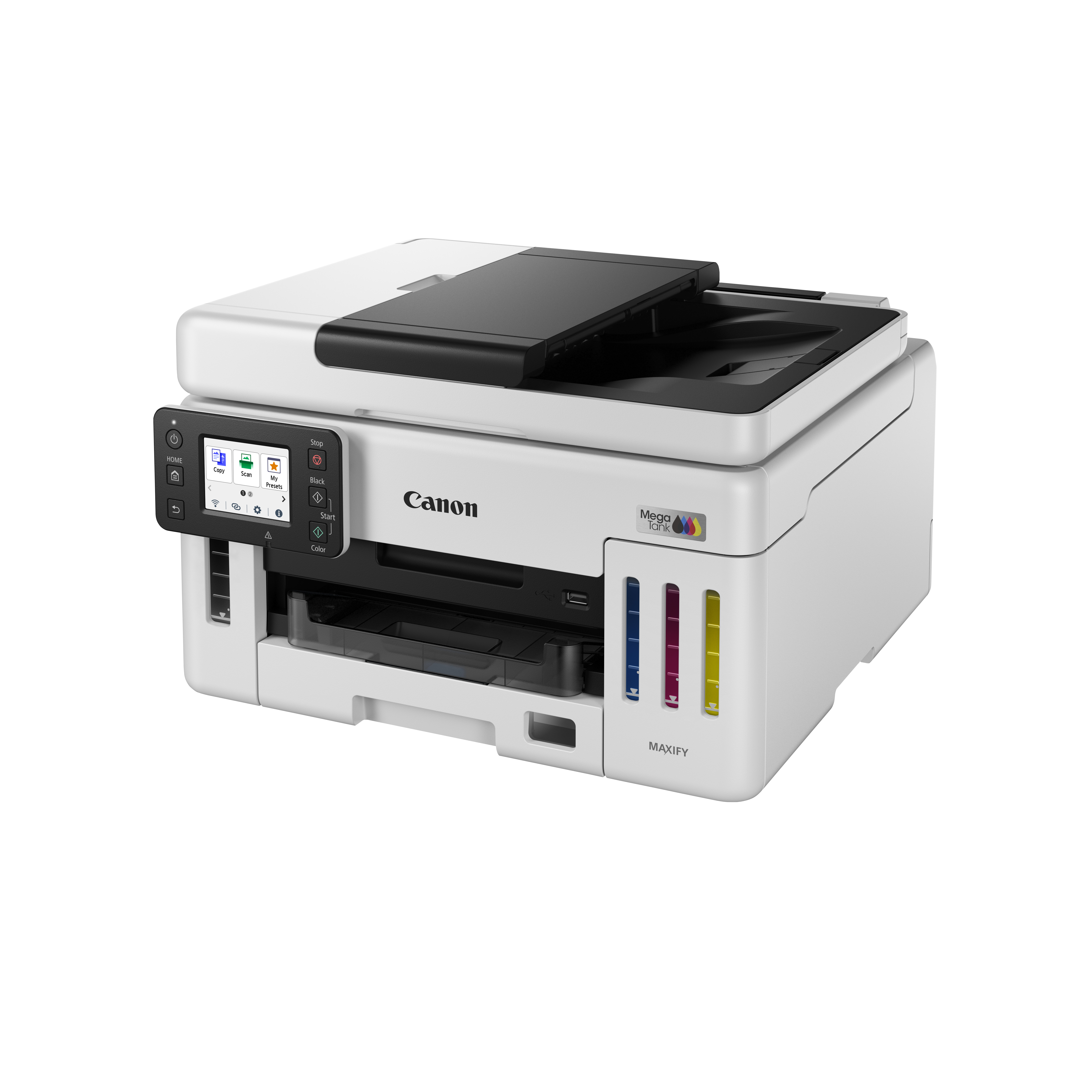 Ein weißer Canon MAXIFY-Drucker mit schwarzer Oberseite. Er hat einen Bildschirm und Tintenbehälter. Der Hintergrund ist weiß.