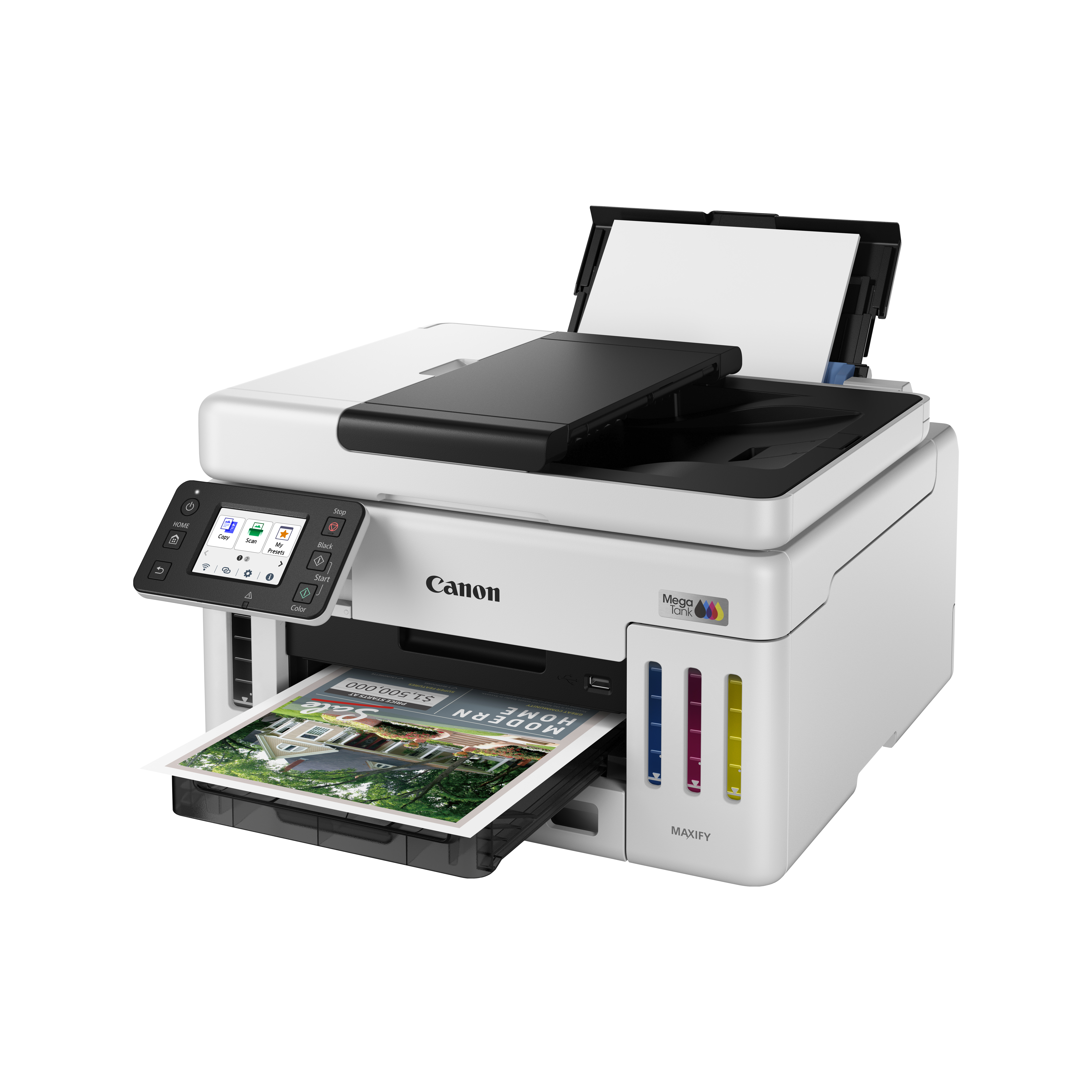 Ein Canon MAXIFY Drucker wird gezeigt. Er ist weiß und schwarz mit einem gedruckten Dokument im Fach.
