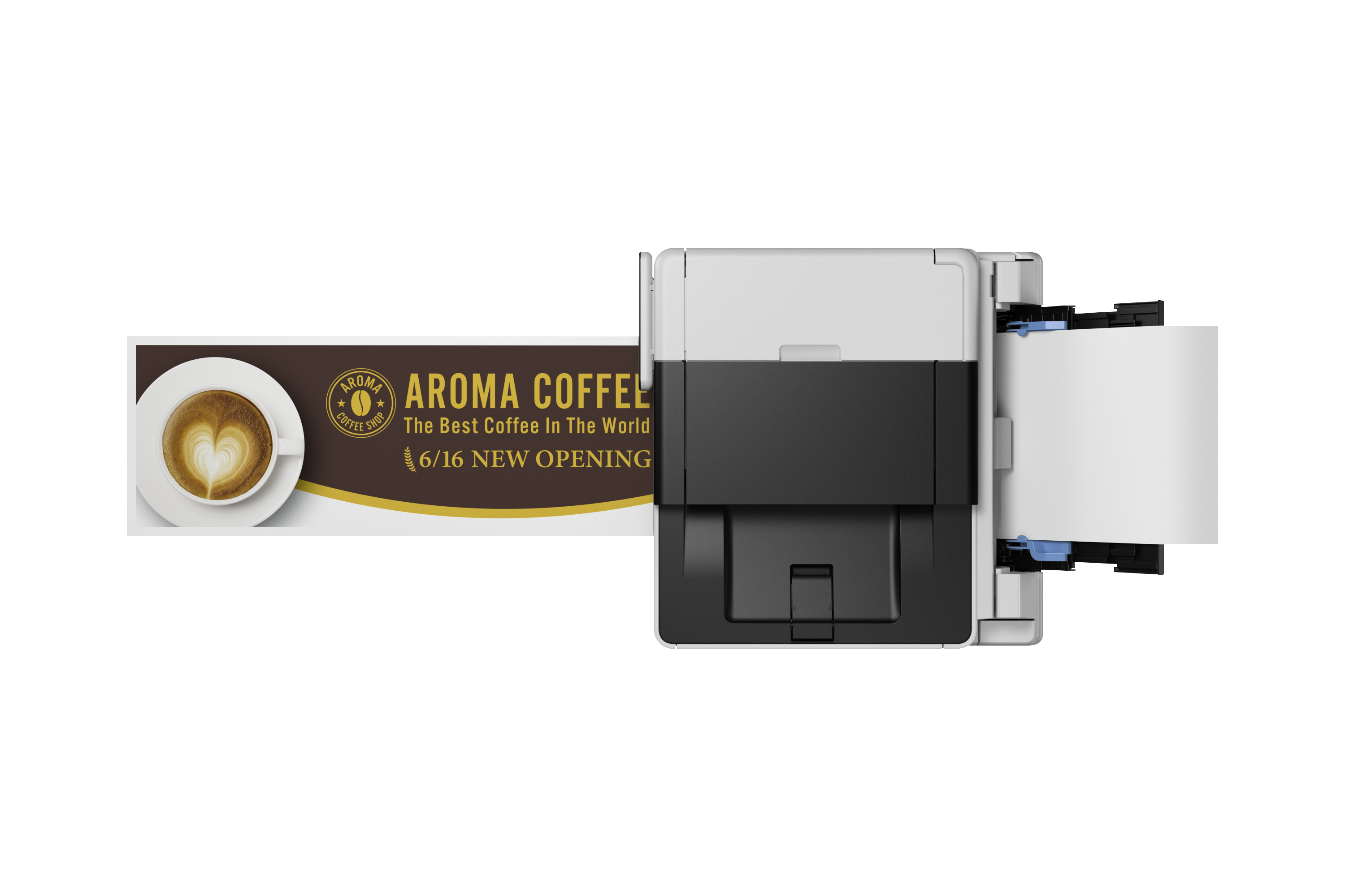 Das Bild zeigt eine Werbung für ein Café und einen Drucker. Werbung zeigt Kaffee und Text.