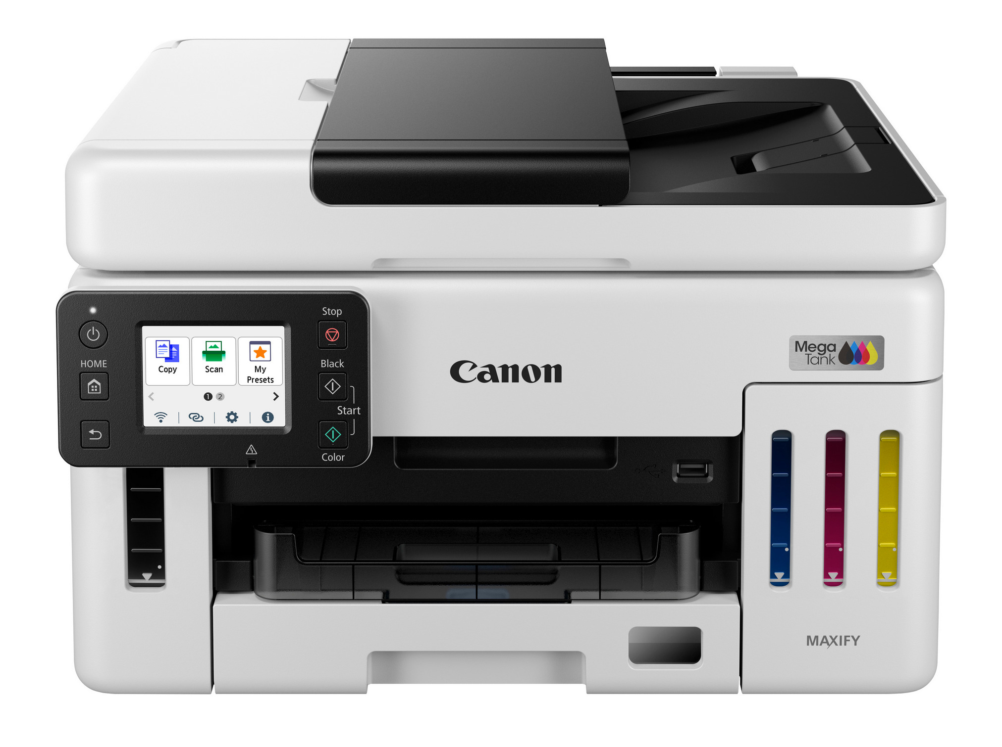 Ein weißer Canon Maxify Drucker mit Mega Tank. Farbdisplays und Tintenbehälter.
