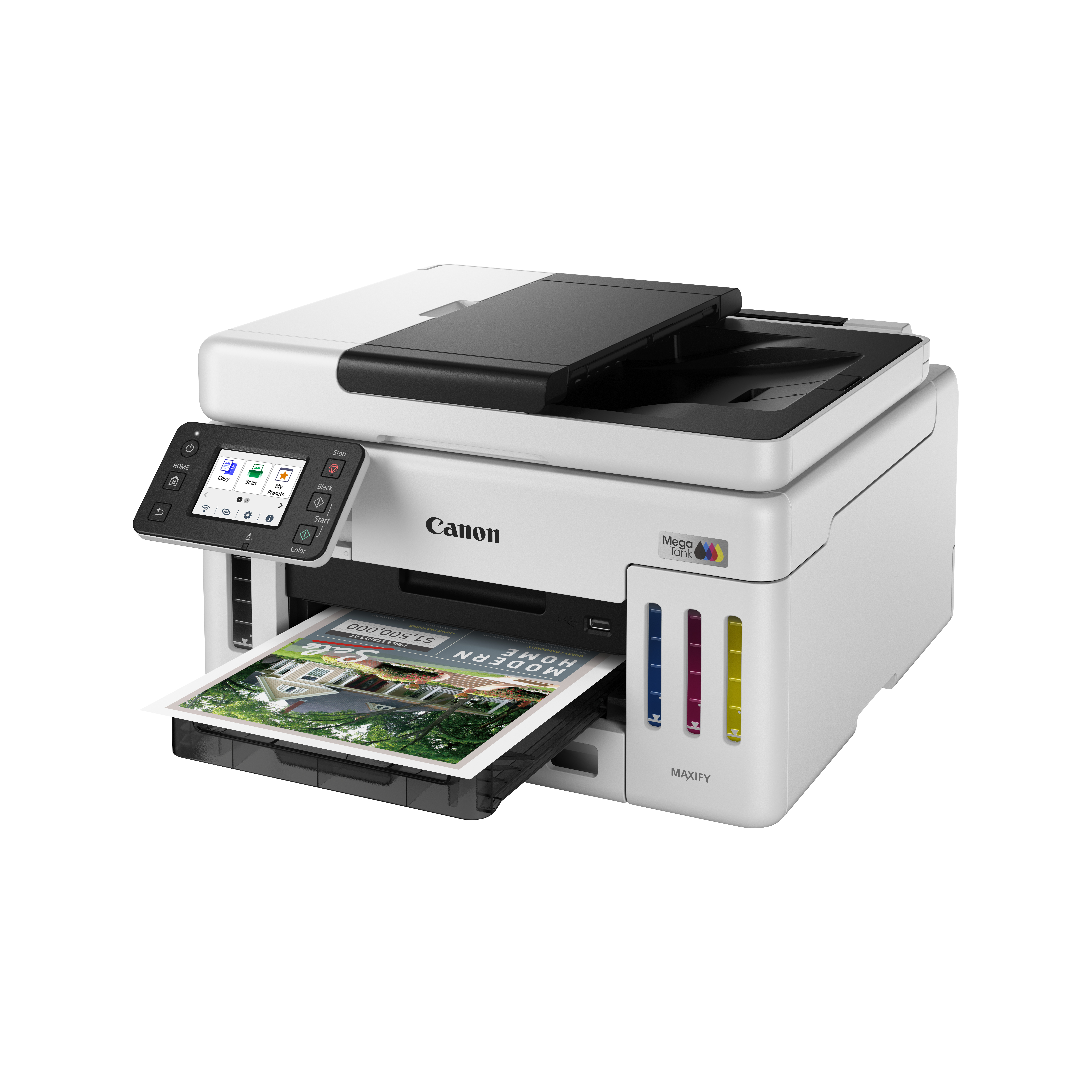 Ein weißer Canon Maxify-Drucker mit einem gedruckten Dokument im Ausgabefach. Er hat eine schwarze Oberseite und ein Farbbildschirm.