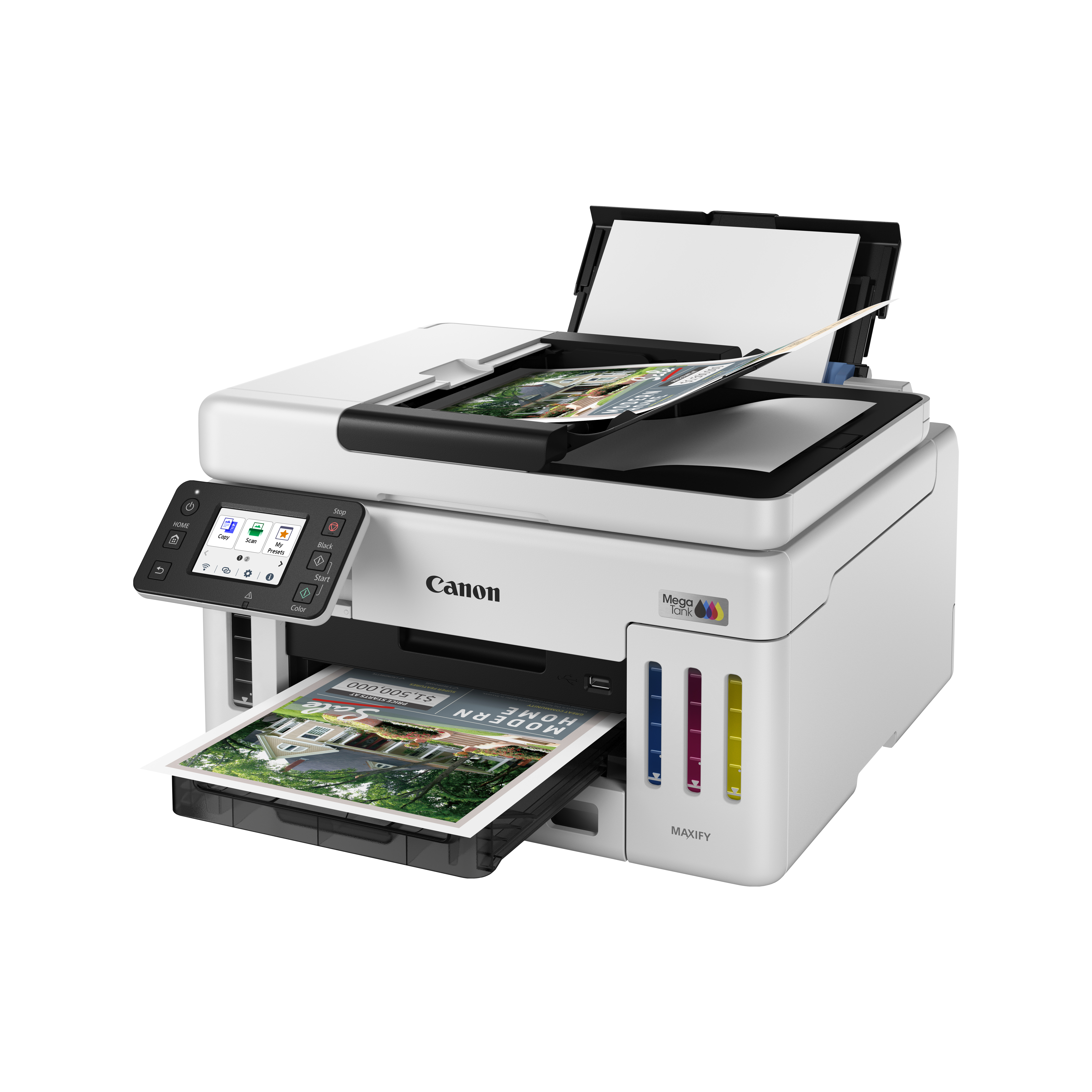 Ein weißer Canon MAXIFY-Drucker mit geöffnetem Scannerdeckel und einer gedruckten Seite im Ausgabefach.