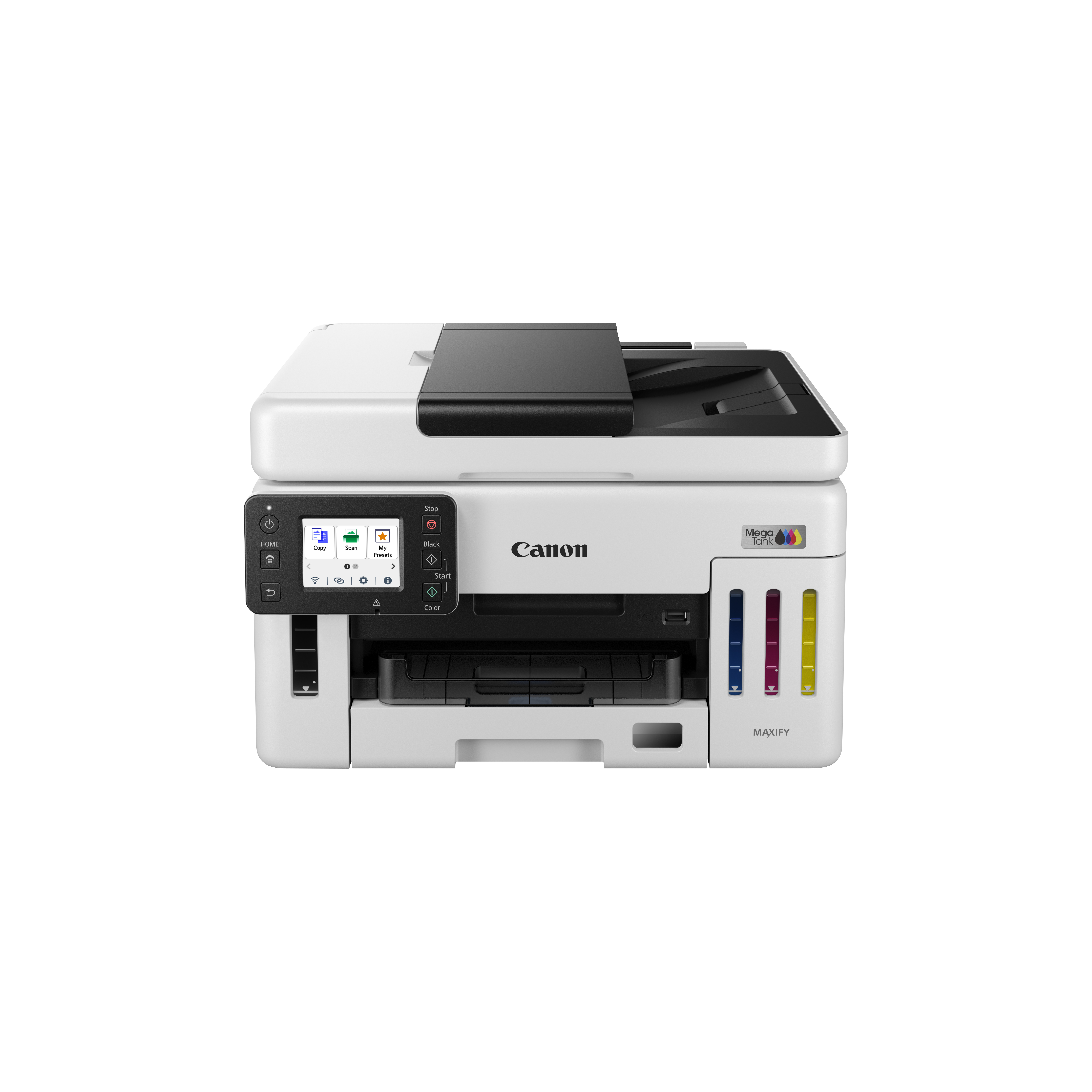 Ein weißer Canon MAXIFY-Drucker ist abgebildet. Er hat eine schwarze Oberseite und ein Bedienfeld, mit Tintenbehältern an der Seite.