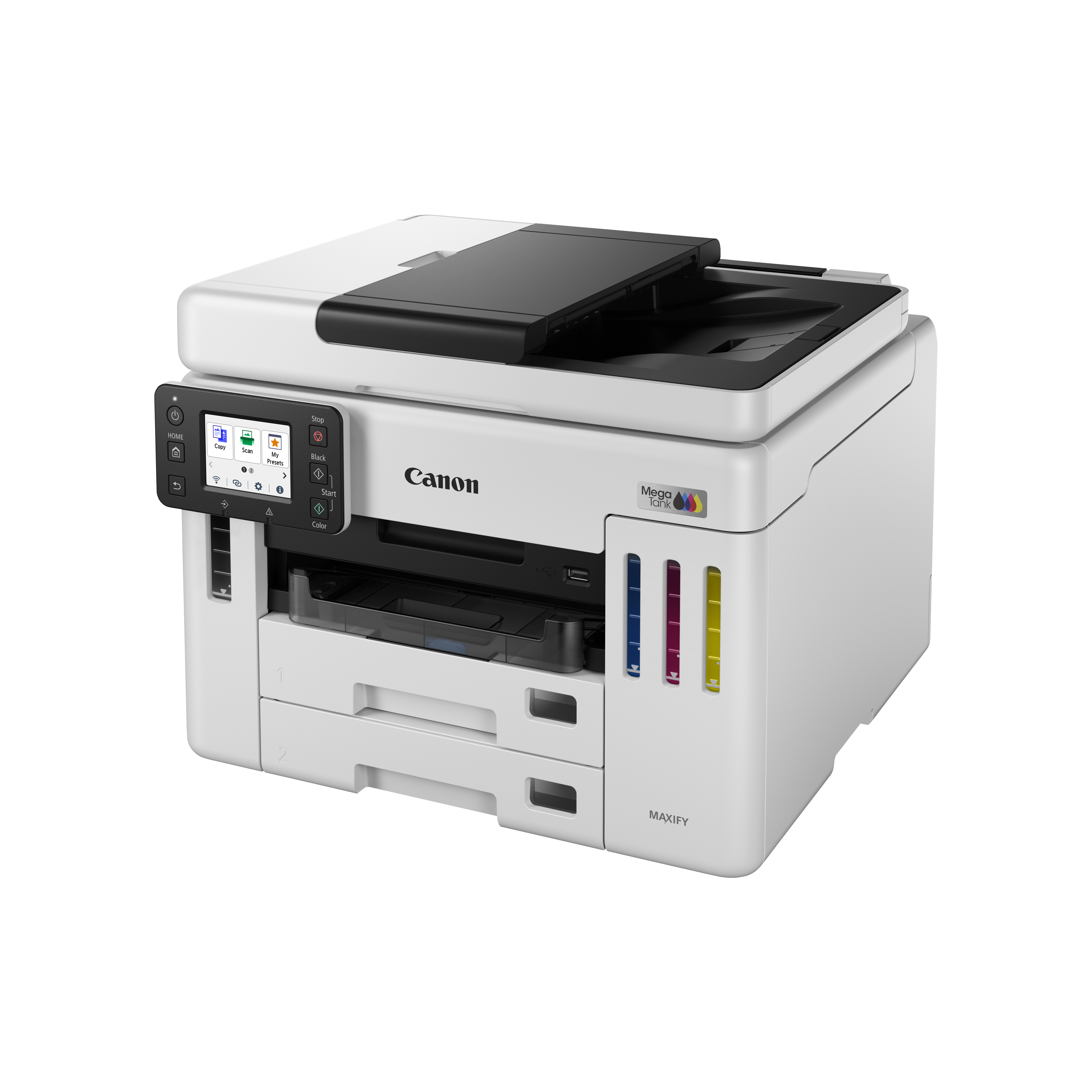 Une imprimante Canon MAXIFY blanche. Elle a un panneau de commande, des réservoirs d'encre et deux bacs à papier.