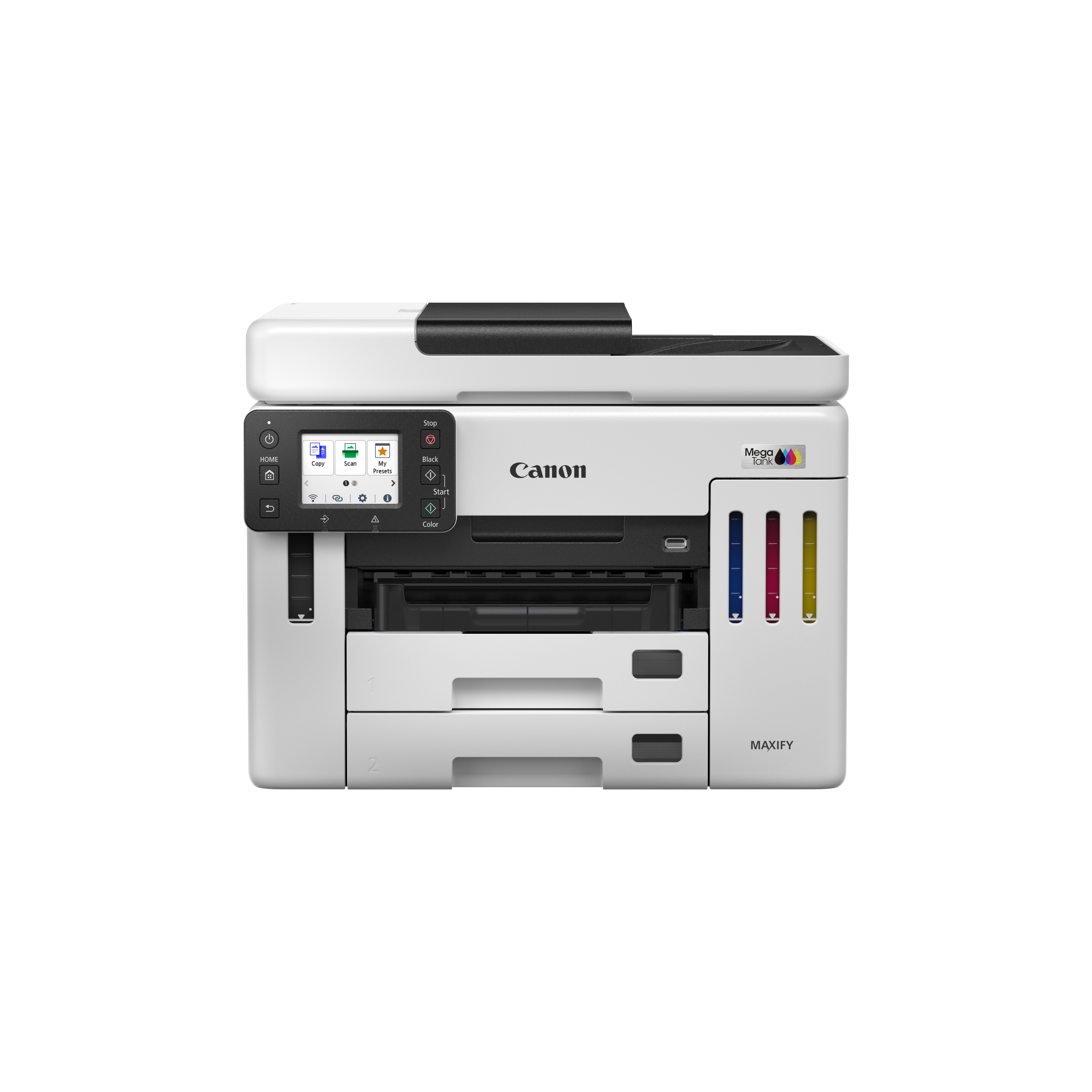 Une imprimante Canon Maxify blanche est affichée. Elle possède des fonctions de numérisation, de copie et de couleur.