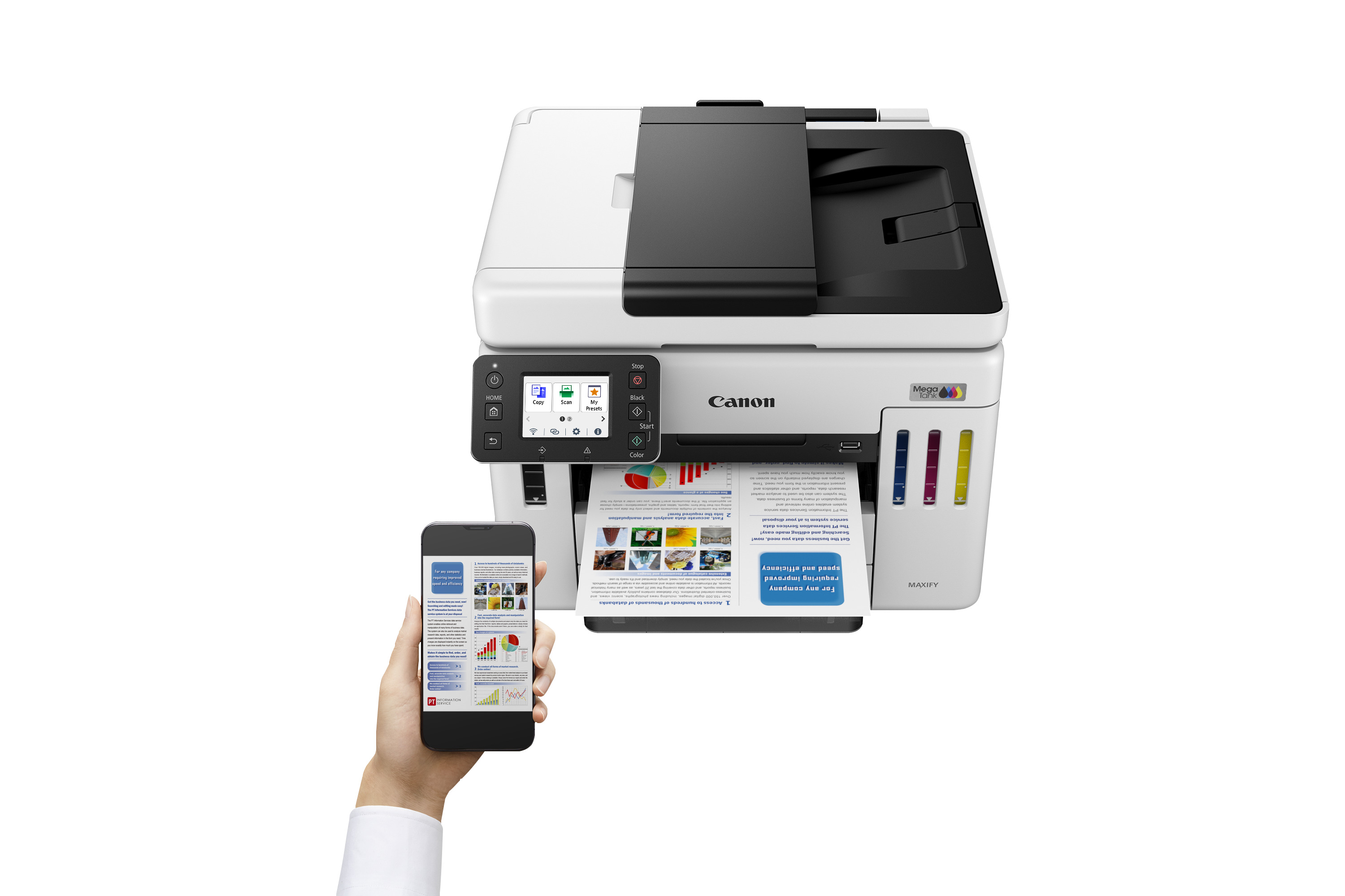 Une imprimante Canon avec une main tenant un téléphone, affichant un document. Une page imprimée est dans l'imprimante.