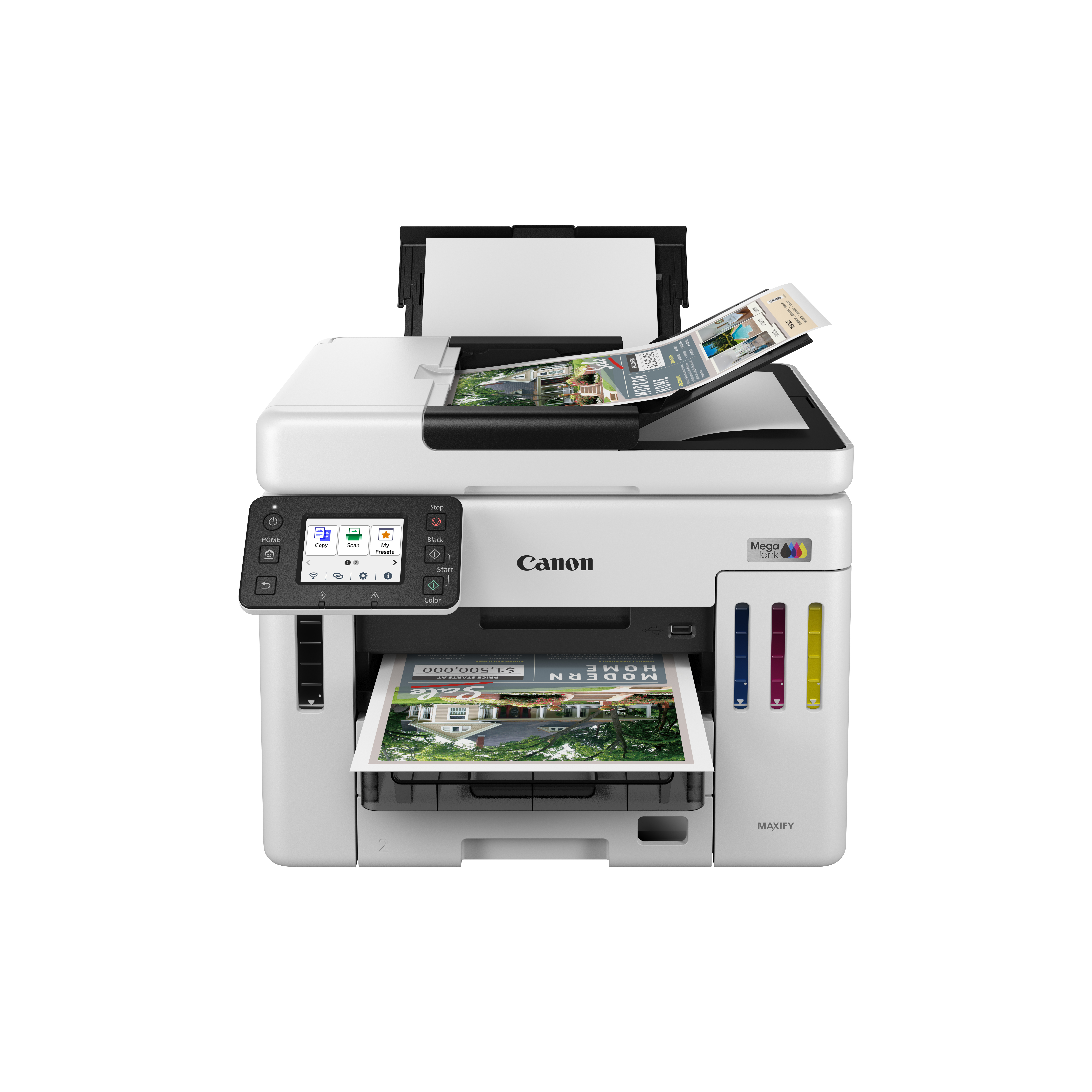 Une imprimante Canon Maxify. Elle possède un écran tactile et imprime un document avec une maison.