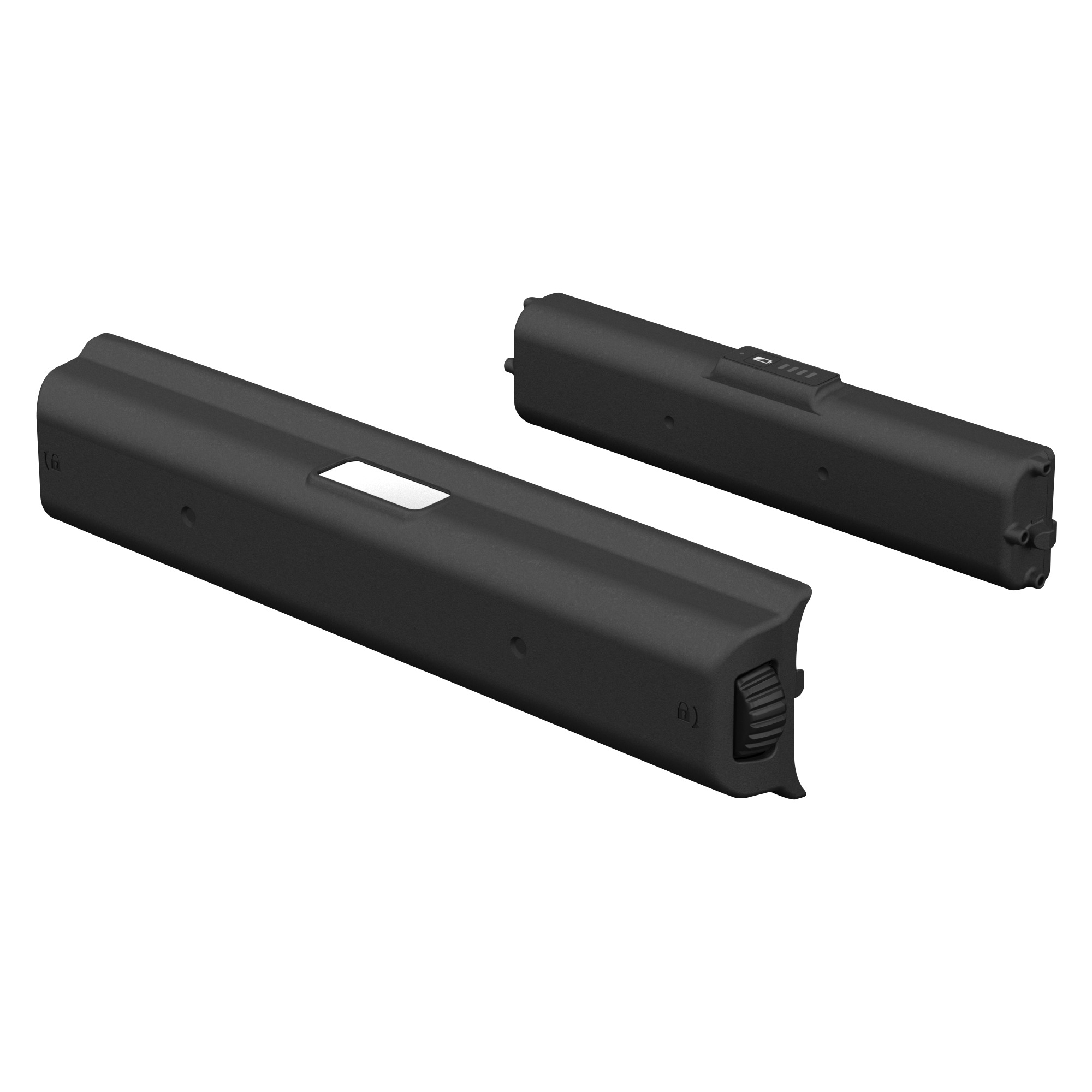 Due batterie nere su sfondo bianco. Una è più vicina con un pulsante bianco, l'altra più lontana.