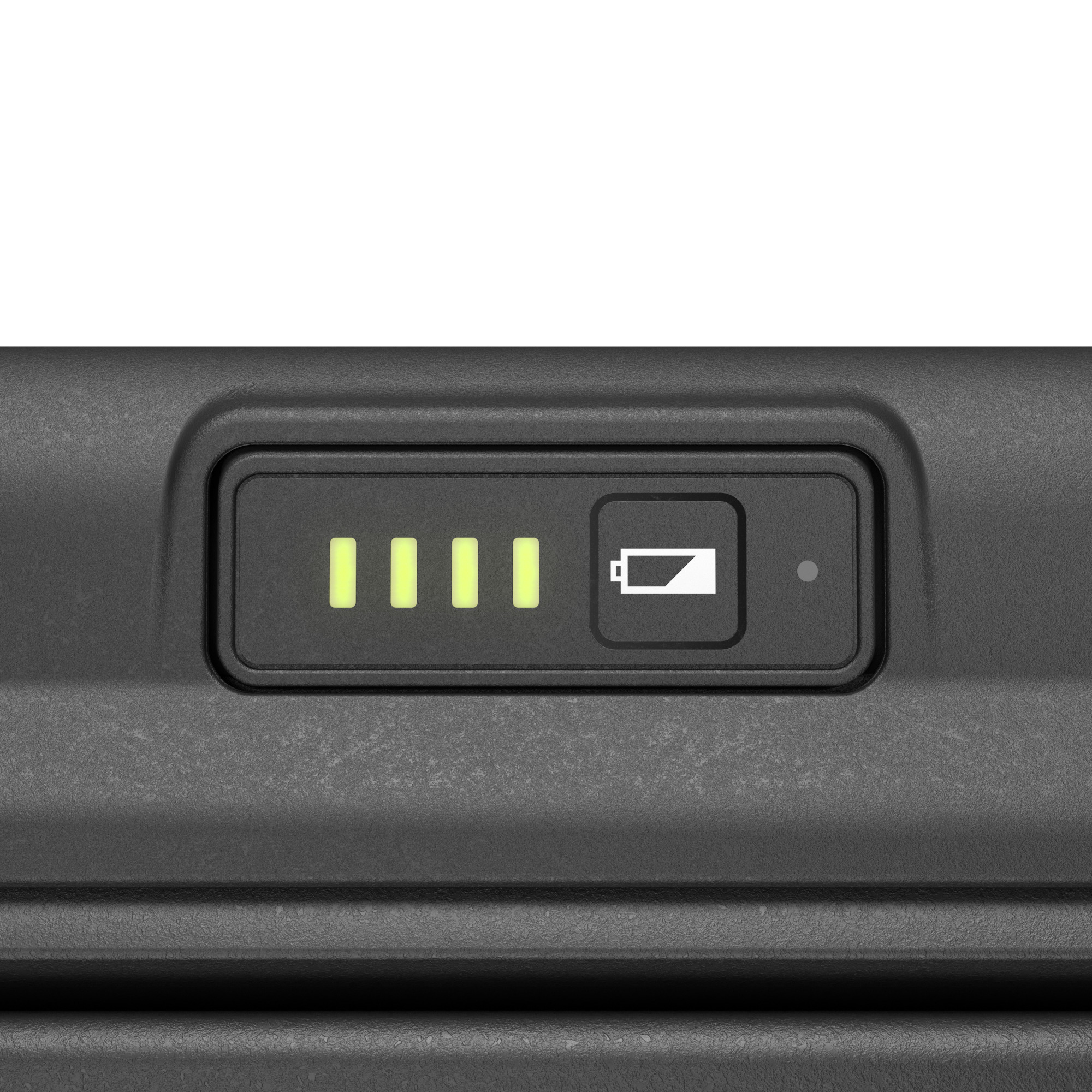 Primo piano di un dispositivo grigio scuro con indicatore batteria. Quattro barre verdi indicano il livello. Icona batteria e un punto.