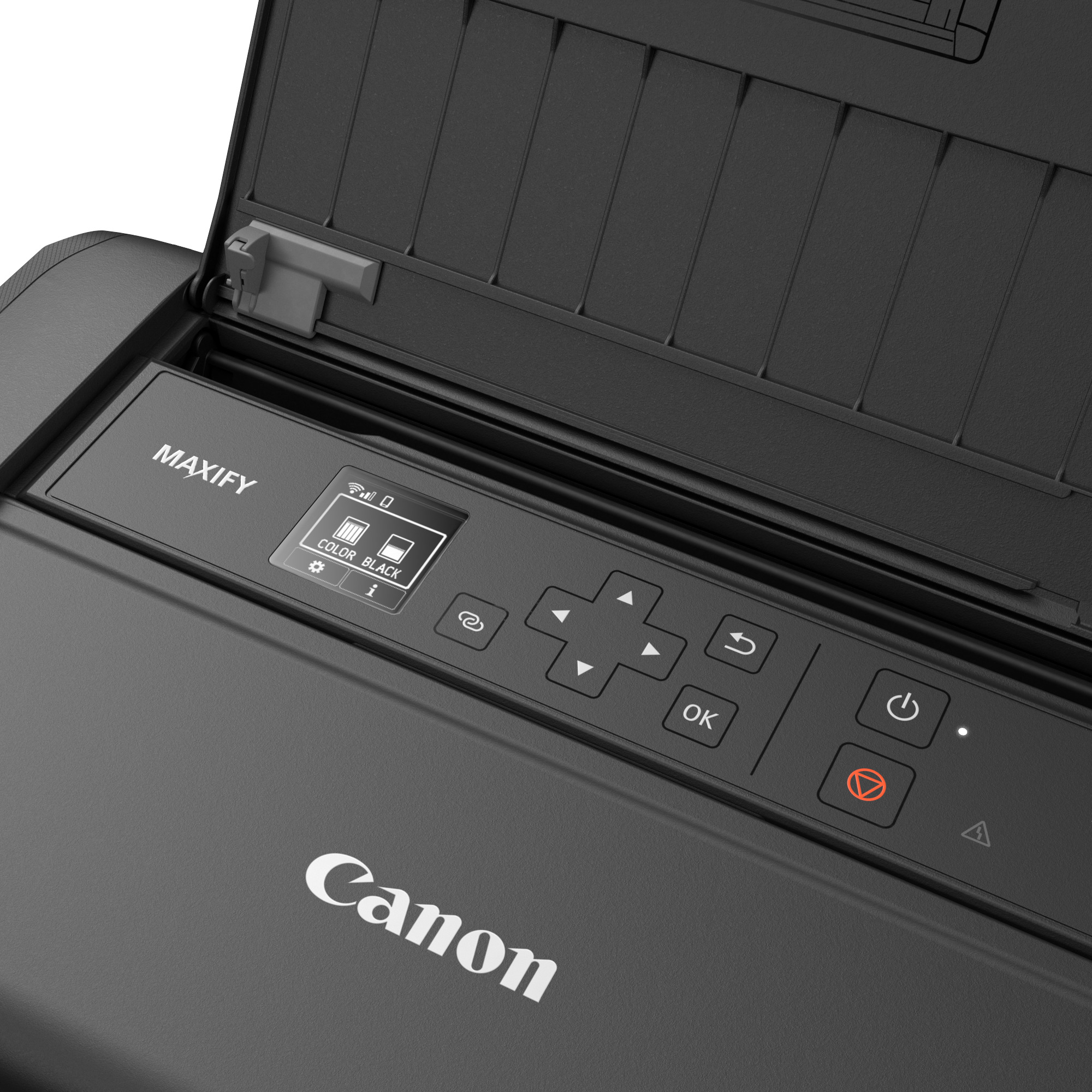 Stampante Canon nera. Il display mostra le impostazioni. Tasti: accensione, OK e frecce. Il coperchio superiore è aperto.
