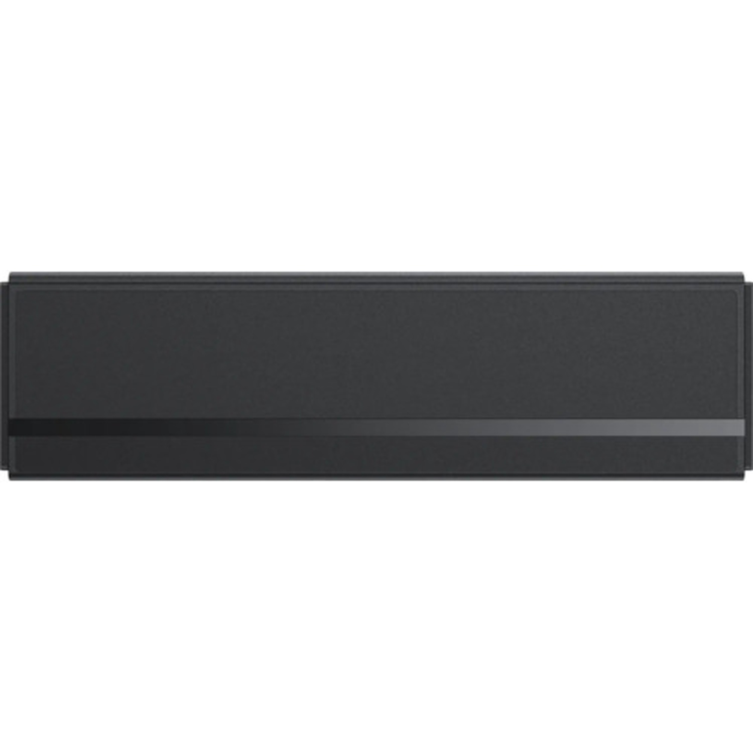Un objet noir rectangulaire avec une rainure horizontale au centre sur fond blanc.