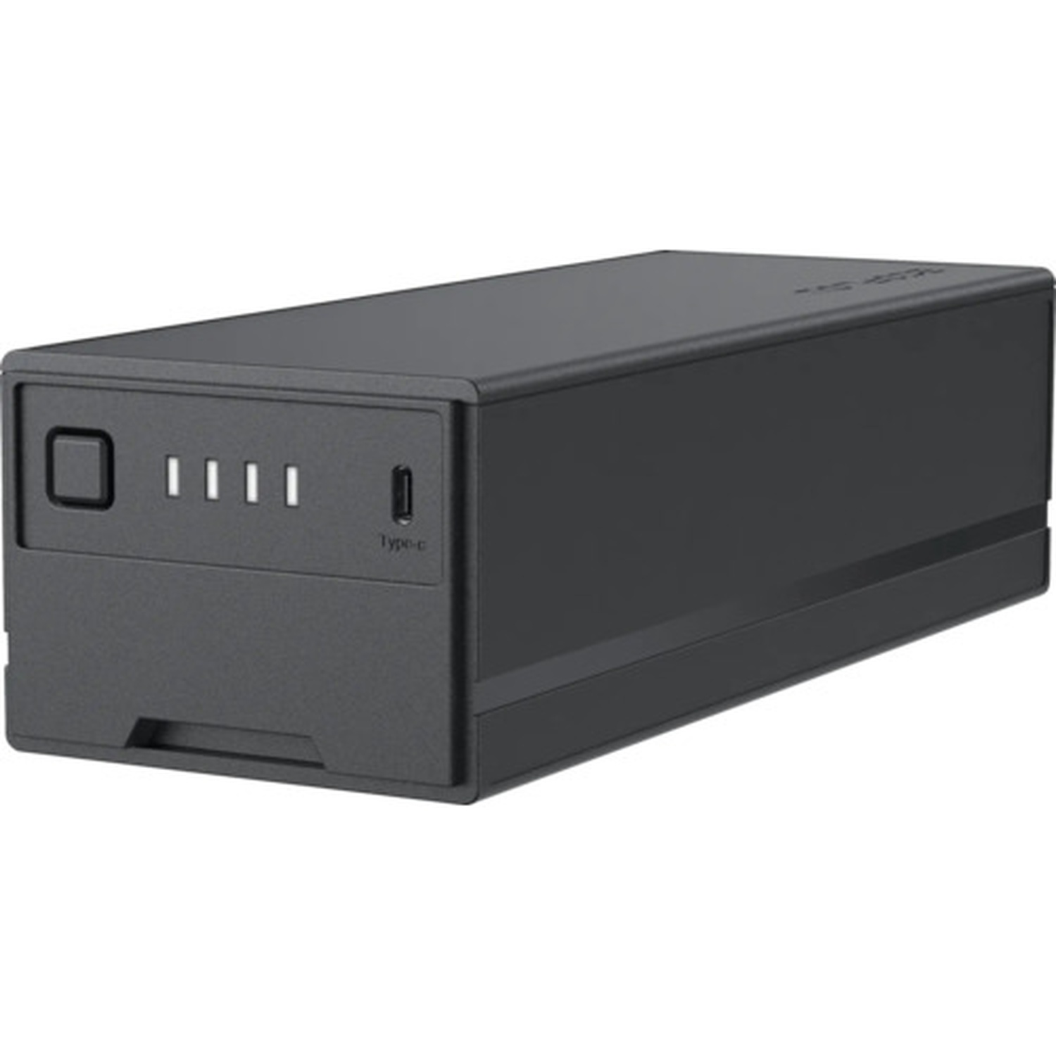 Un appareil rectangulaire noir avec une fente pour un câble Type-C et quatre voyants, possiblement une batterie.