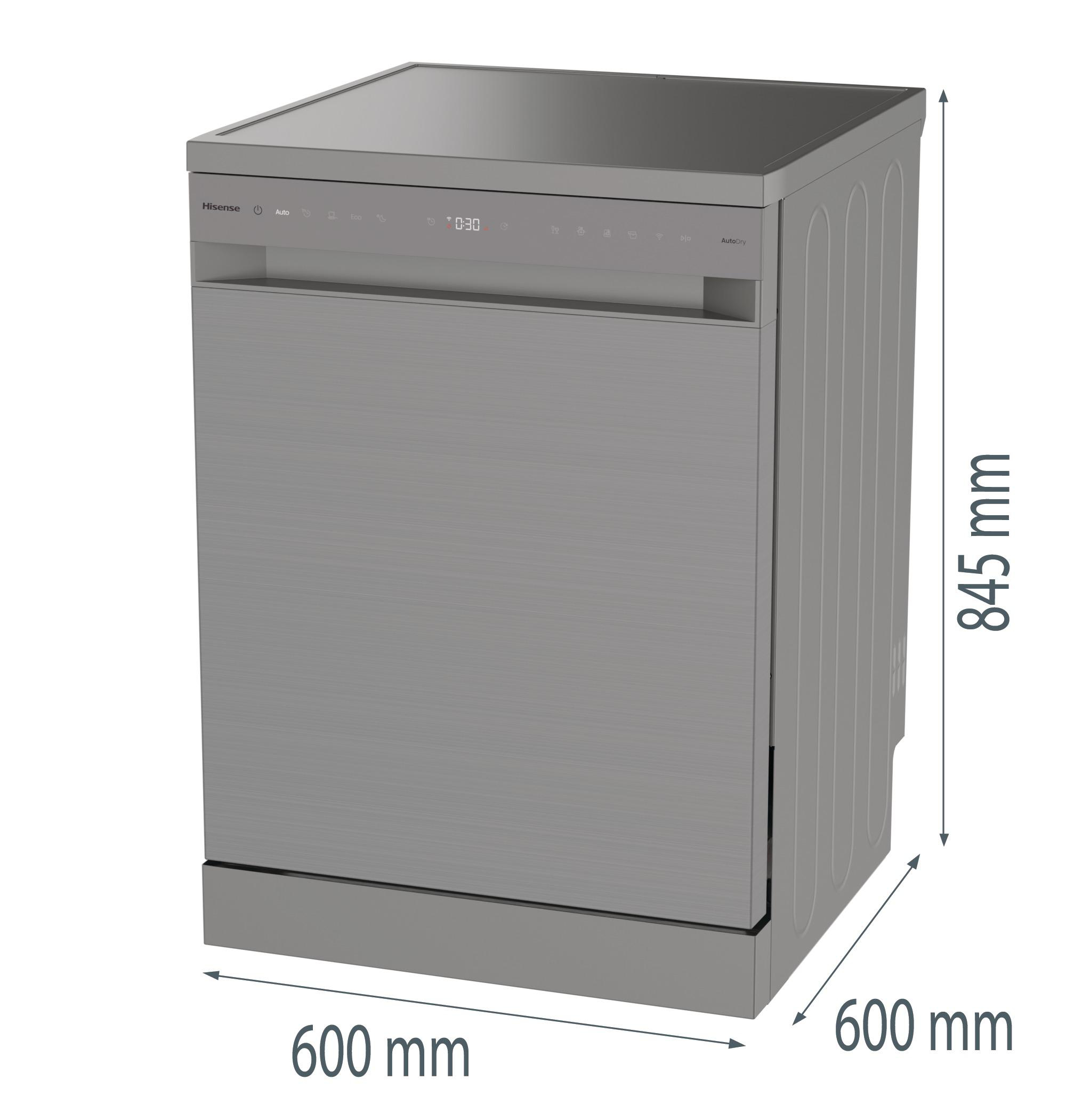 Ein grauer Hisense-Geschirrspüler. Er hat Knöpfe und ein Display mit 0:30. Die Abmessungen sind 600x600x845 mm.