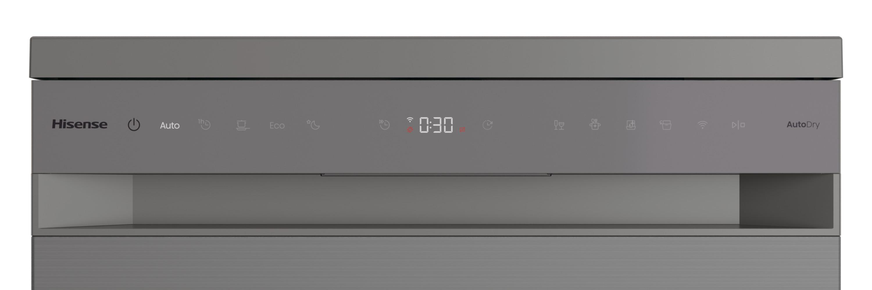 Graues Hisense-Geschirrspüler-Bedienfeld. Zeigt Symbole und einen Timer mit 0:30 an. Verfügt über die AutoDry-Funktion.