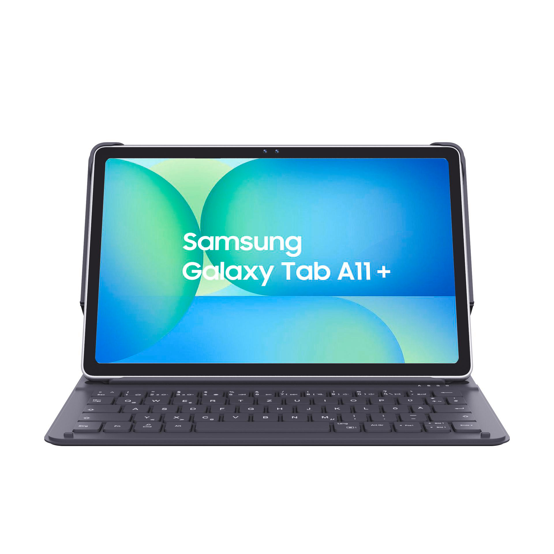Ein Samsung Galaxy Tab A11+ Tablet mit Tastatur. Der Bildschirm zeigt einen blau-grünen Farbverlauf mit dem Namen des Tablets.