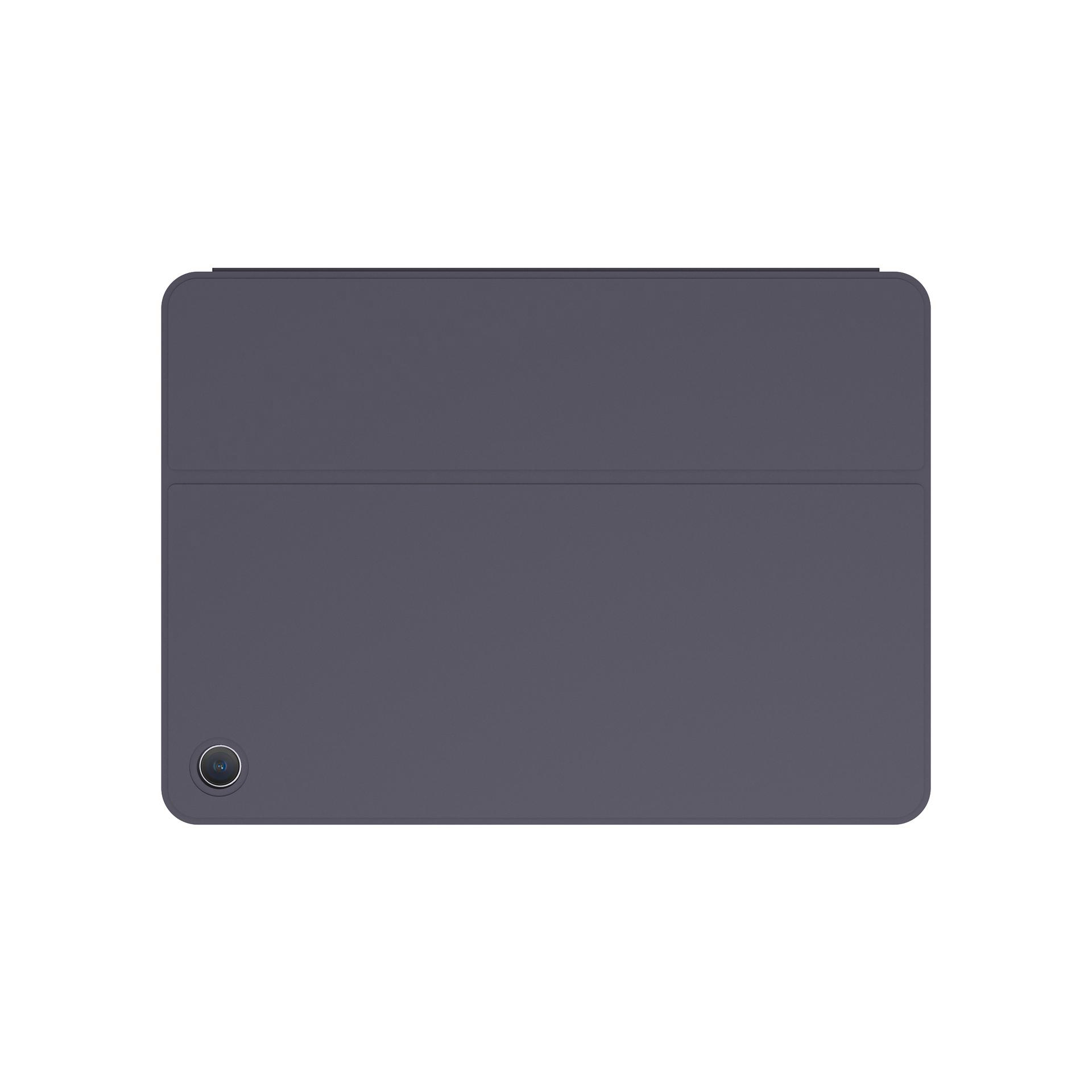 Eine lila Tablet-Hülle mit Kamera. Die Hülle ist rechteckig mit einer Falzlinie und einer Kamera unten.