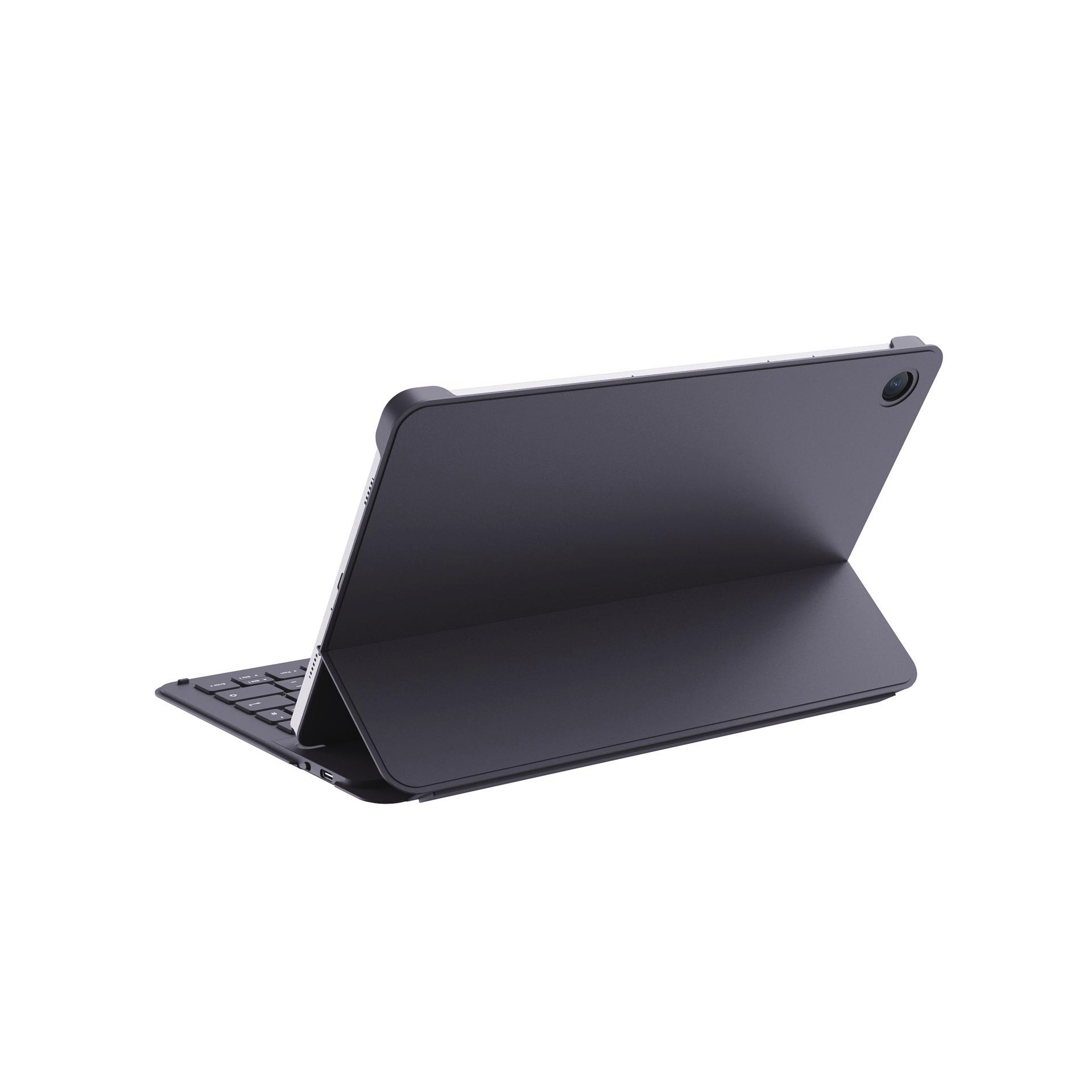 Tablet mit schwarzem Gehäuse und Tastatur. Der Bildschirm ist abgewandt. Weißer Hintergrund.