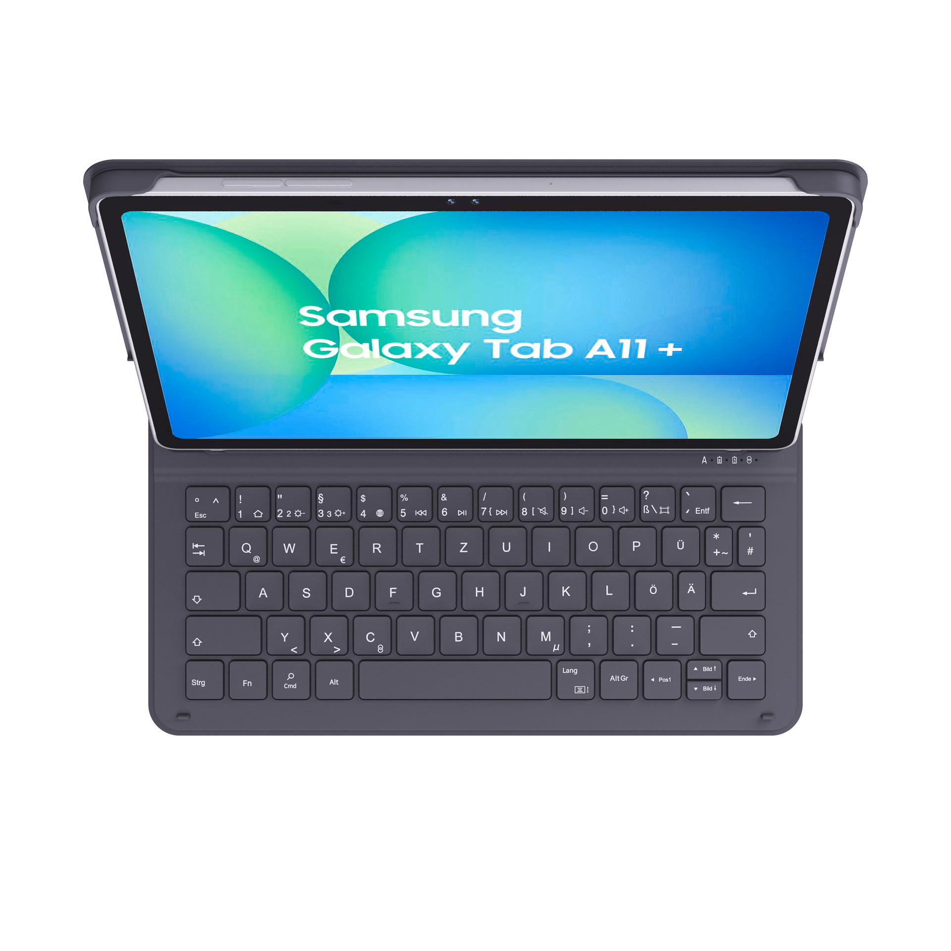 Ein Samsung Galaxy Tab A11+ Tablet mit Tastaturhülle. Der Bildschirm zeigt den Produktnamen. Die Tastatur ist dunkelgrau.