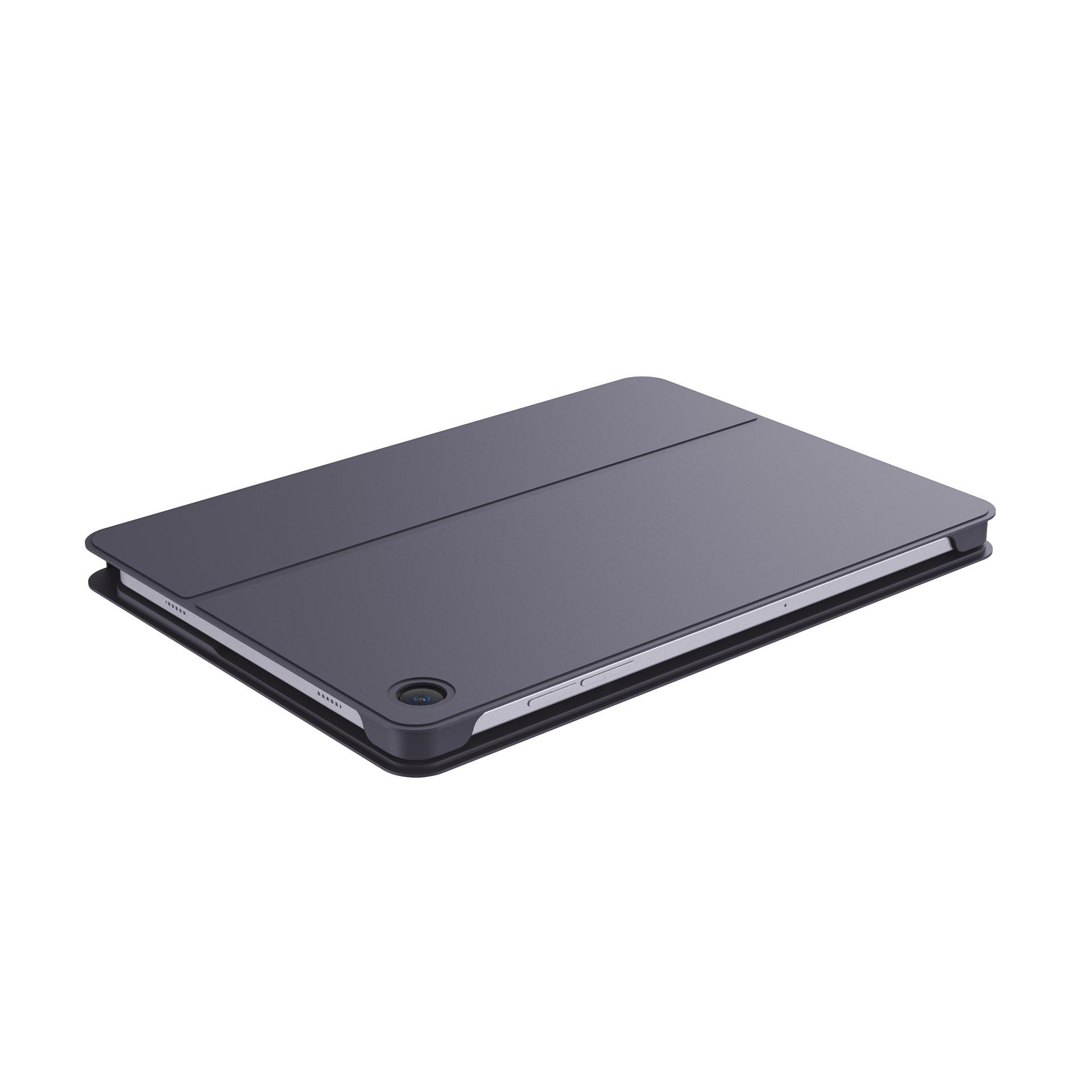 Ein Tablet mit dunkelgrauer Hülle, leicht geöffnet. Es befindet sich auf weißem Hintergrund.