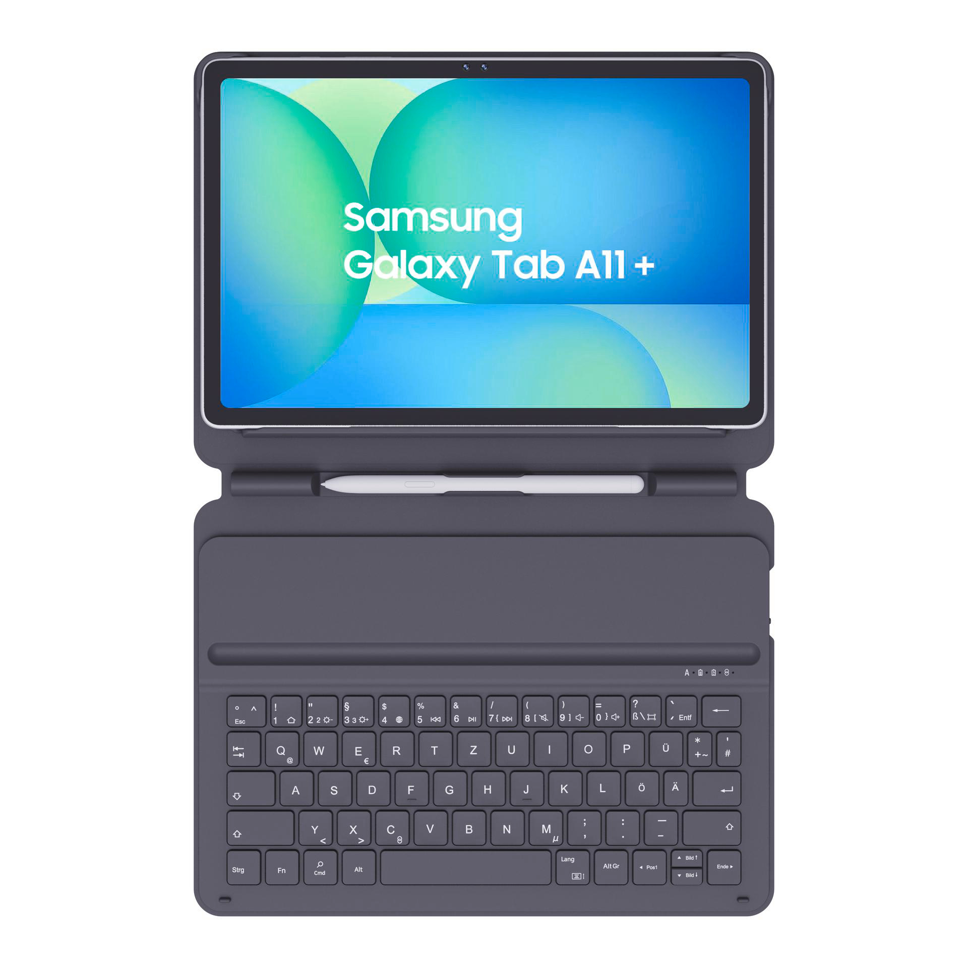 Tablet mit Tastatur. Der Bildschirm zeigt 'Samsung Galaxy Tab A11+'. Ein Stift befindet sich im Cover. Dunkelgraue Farbe.