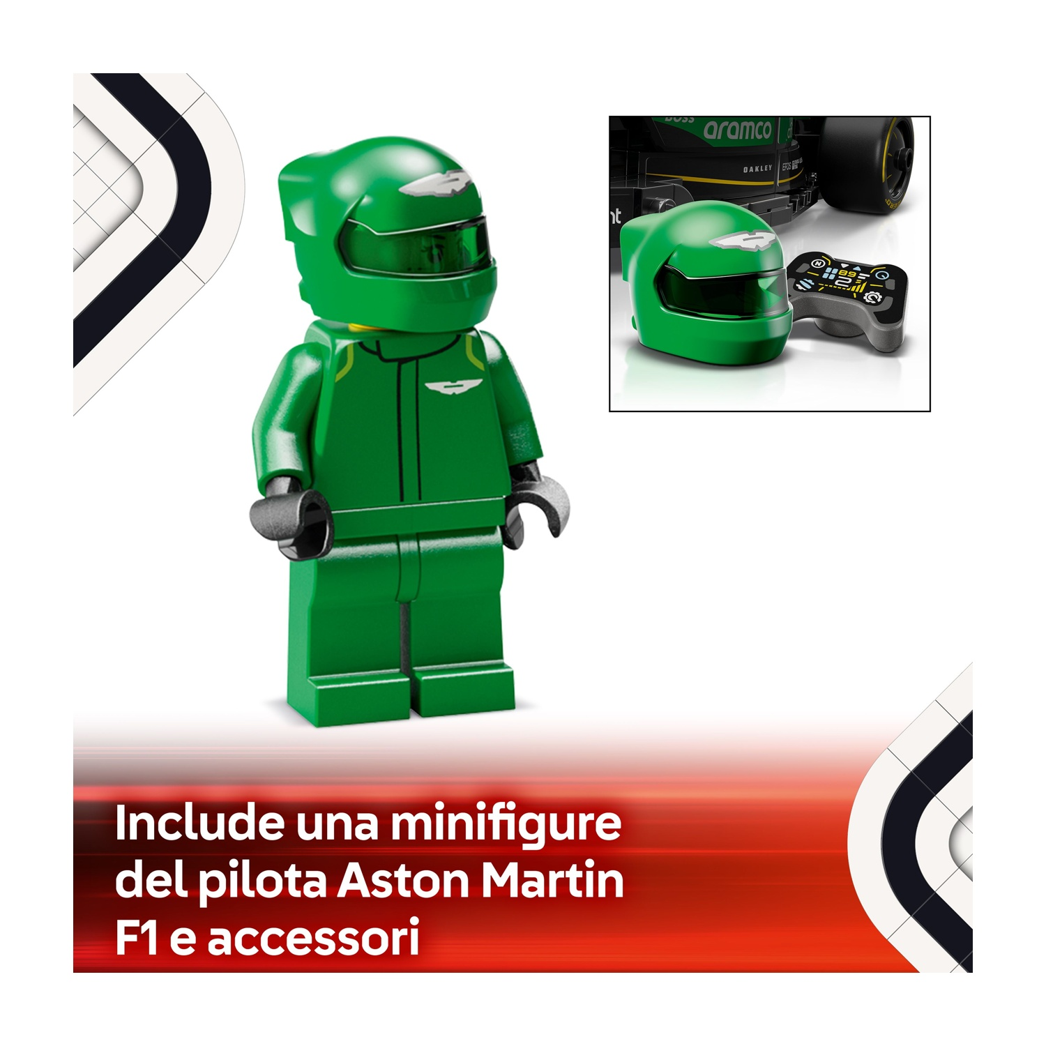 Una minifigure Lego di un pilota Aston Martin F1 in verde con casco e accessori, più un'auto da corsa e un telecomando.
