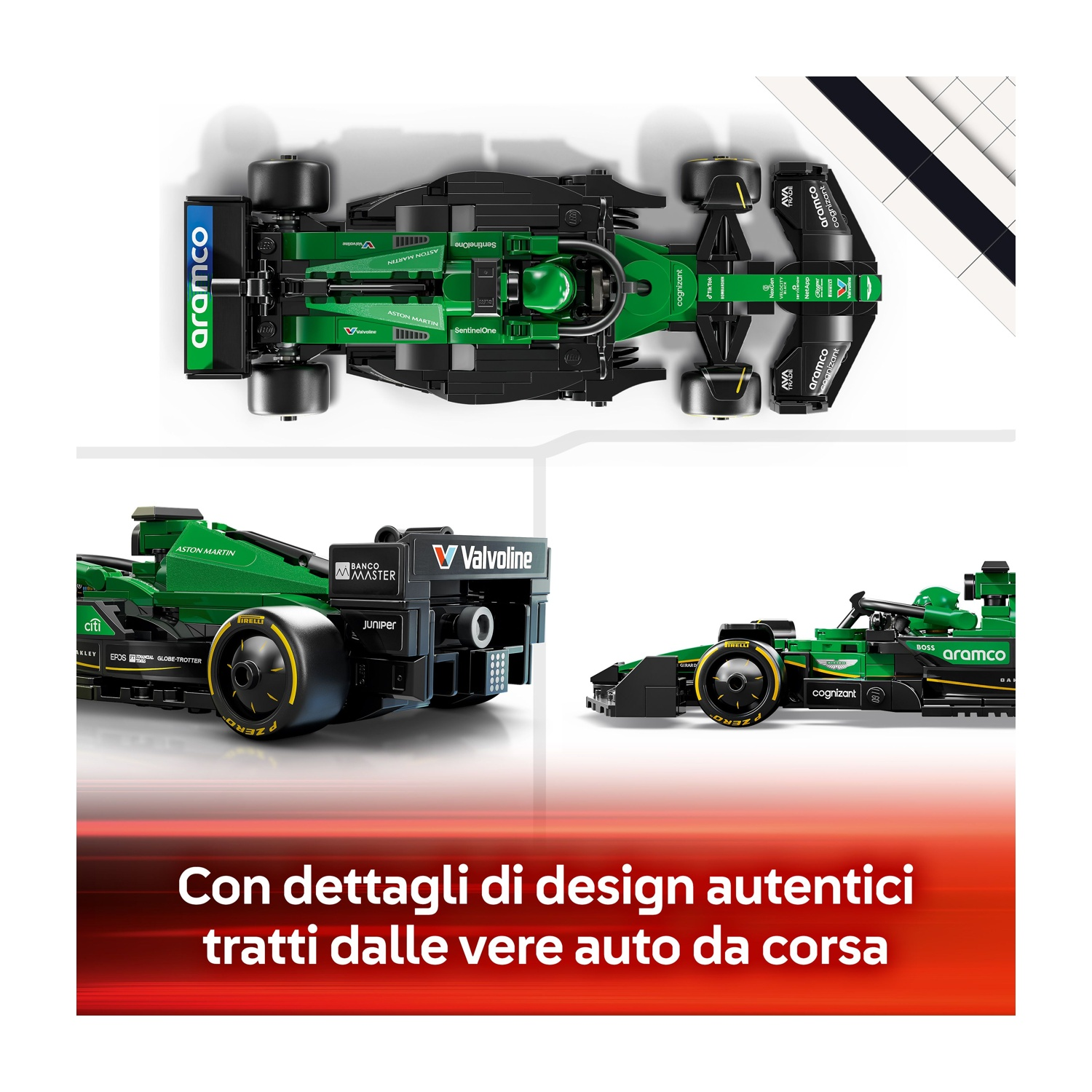 L'immagine mostra un modello di auto da corsa verde e nero con loghi di sponsor e dettagli dei pneumatici, visto da più angolazioni.