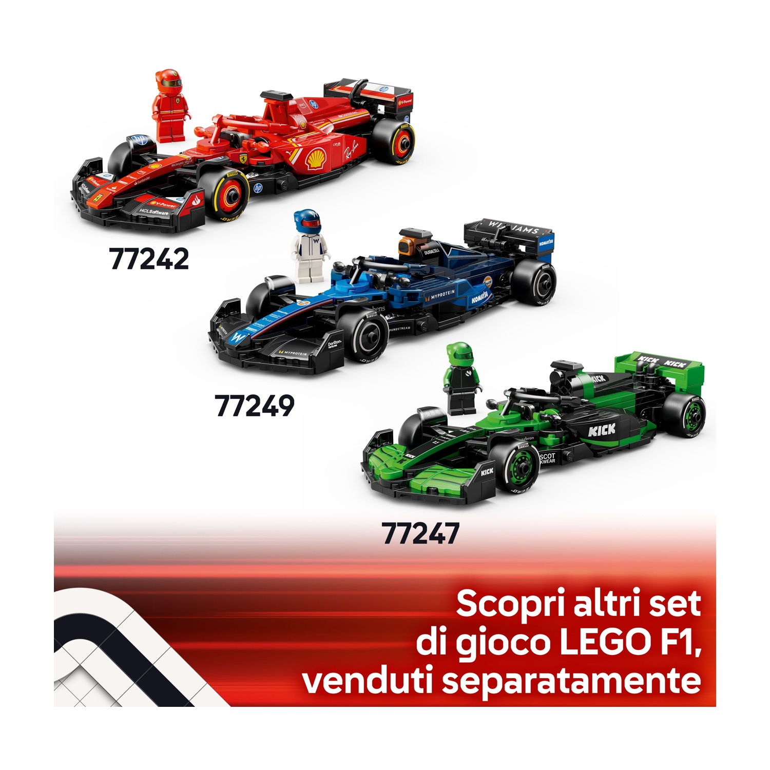 Tre auto da corsa LEGO F1: Ferrari rossa, Williams blu e Kick Sauber verde, ognuna con una minifigure del pilota.