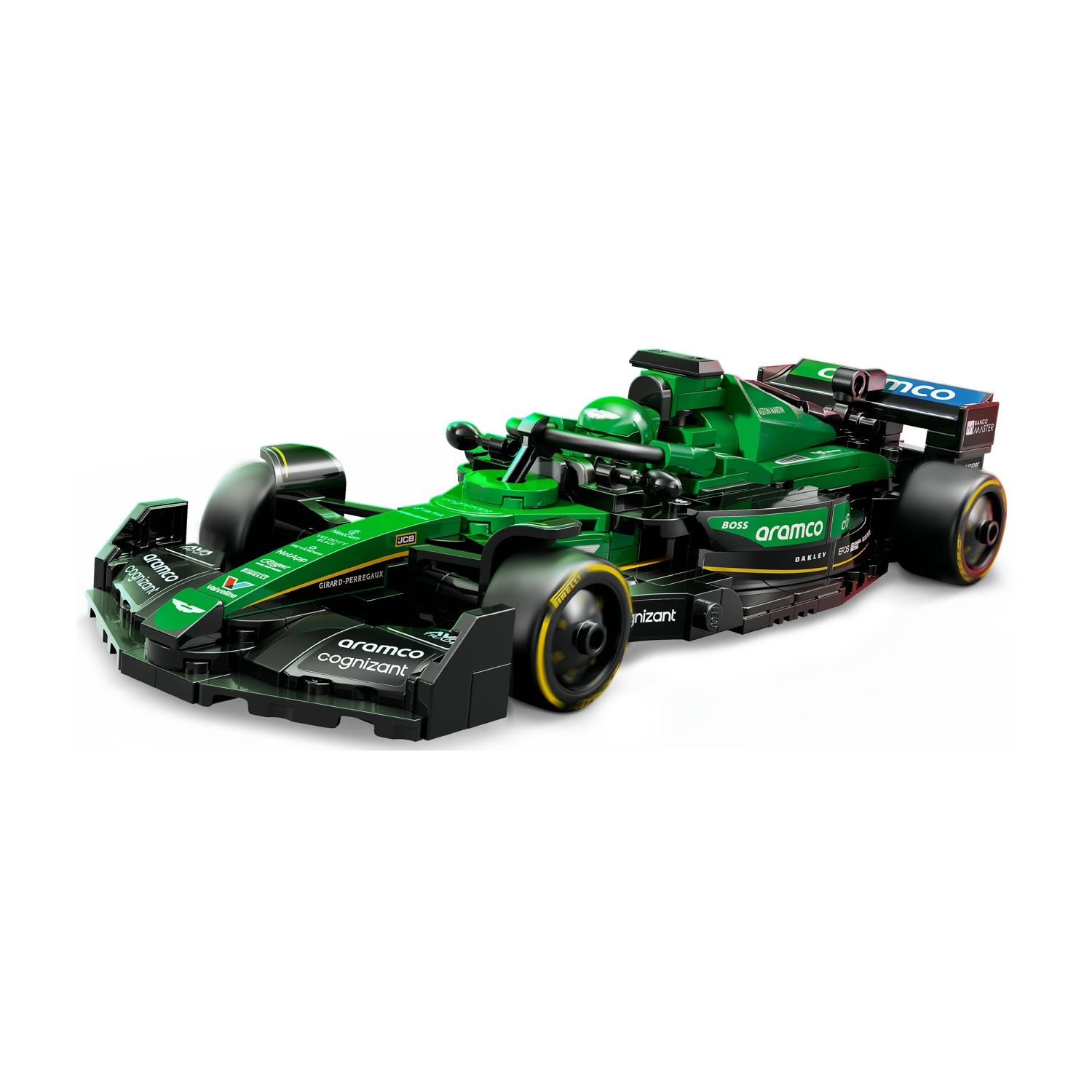Un modello di auto da corsa di Formula 1 verde e nera. Sono visibili i loghi degli sponsor. L'auto è su sfondo bianco, leggermente inclinata di lato.