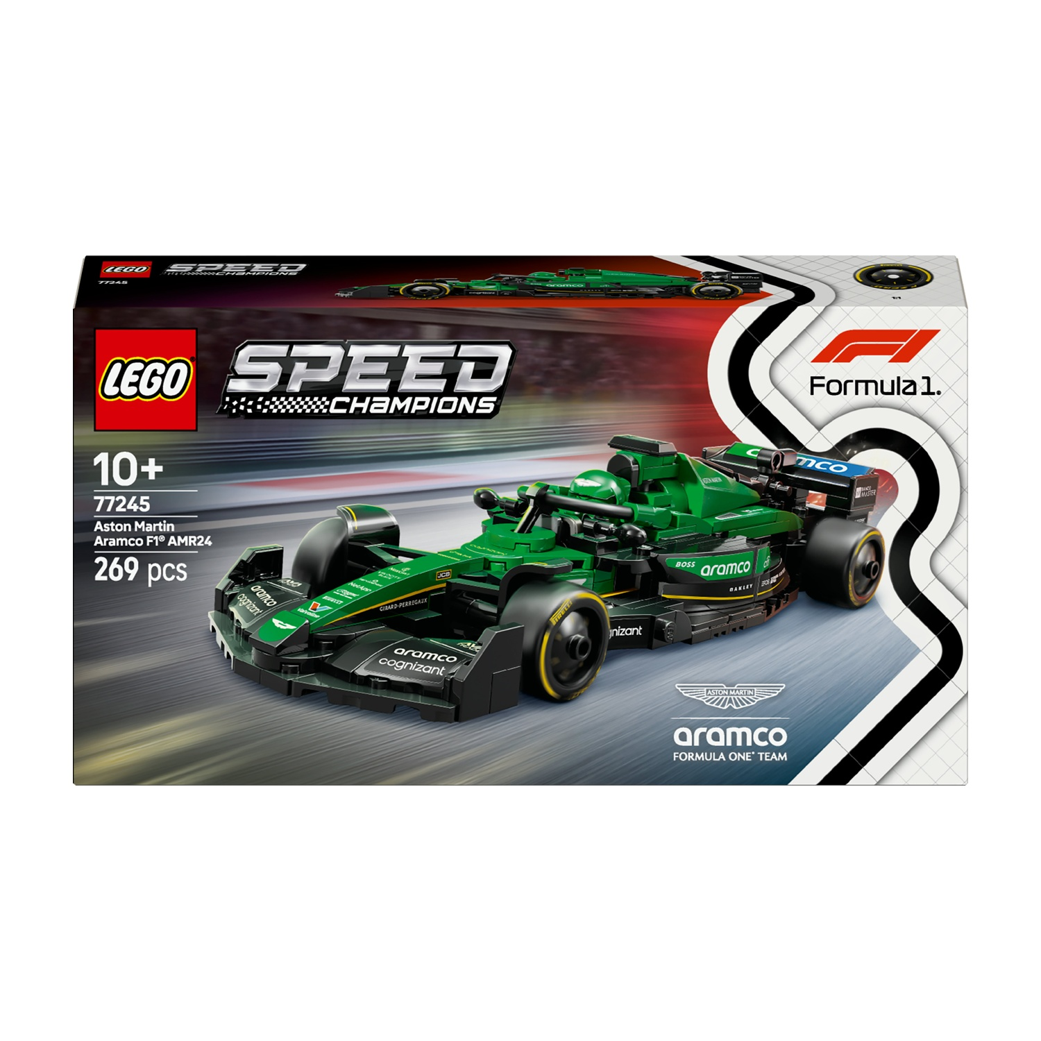 Un set Lego Speed Champions con un'auto Aston Martin F1 verde. La scatola mostra l'auto su un circuito, con il marchio.
