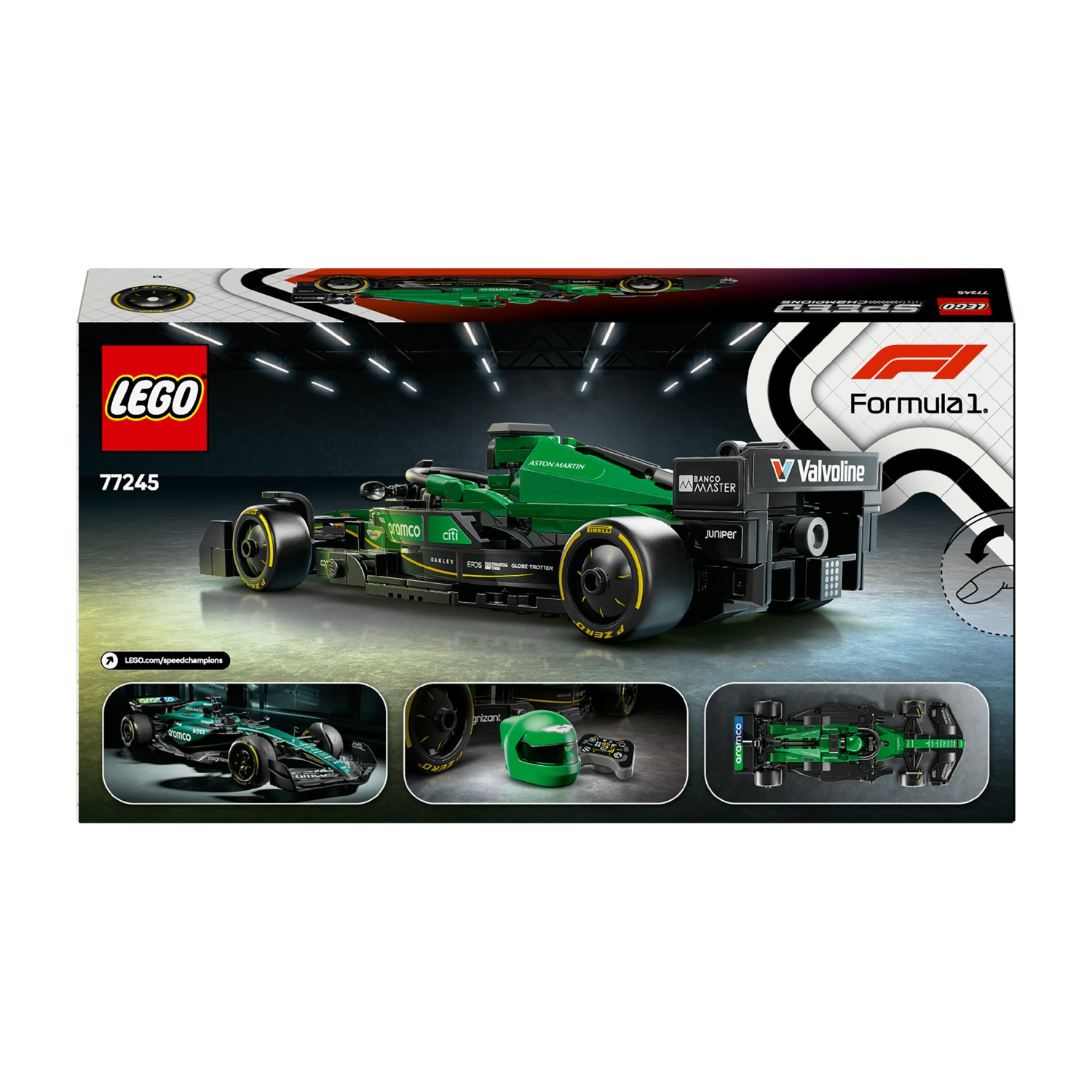 Una scatola Lego mostra un'auto di F1 Aston Martin verde. Ulteriori immagini mostrano i dettagli dell'auto, un casco e una vista dall'alto.