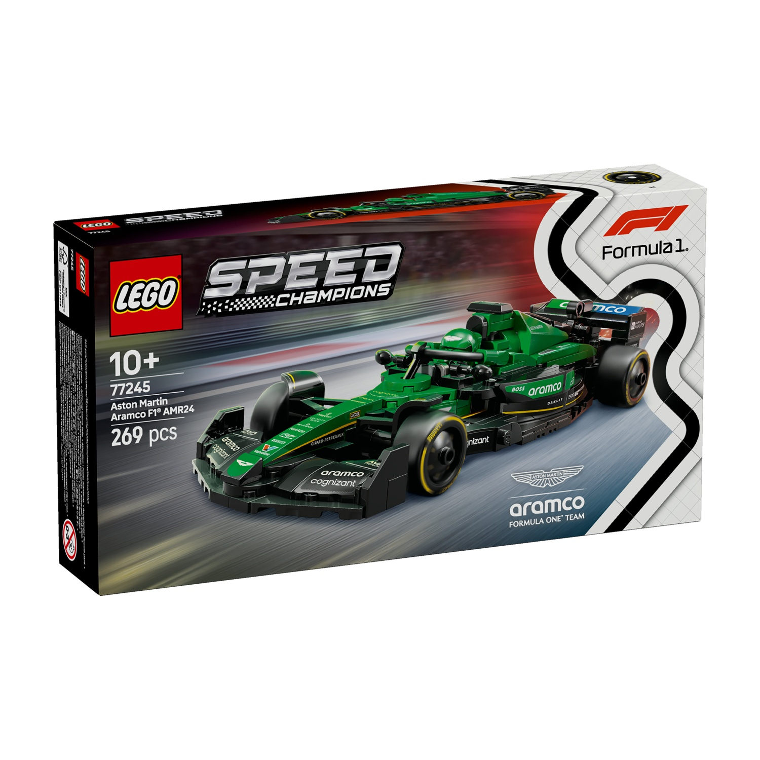 Una scatola Lego Speed Champions. Presenta un'auto verde Aston Martin F1. La scatola include il logo Lego e il marchio Formula 1.