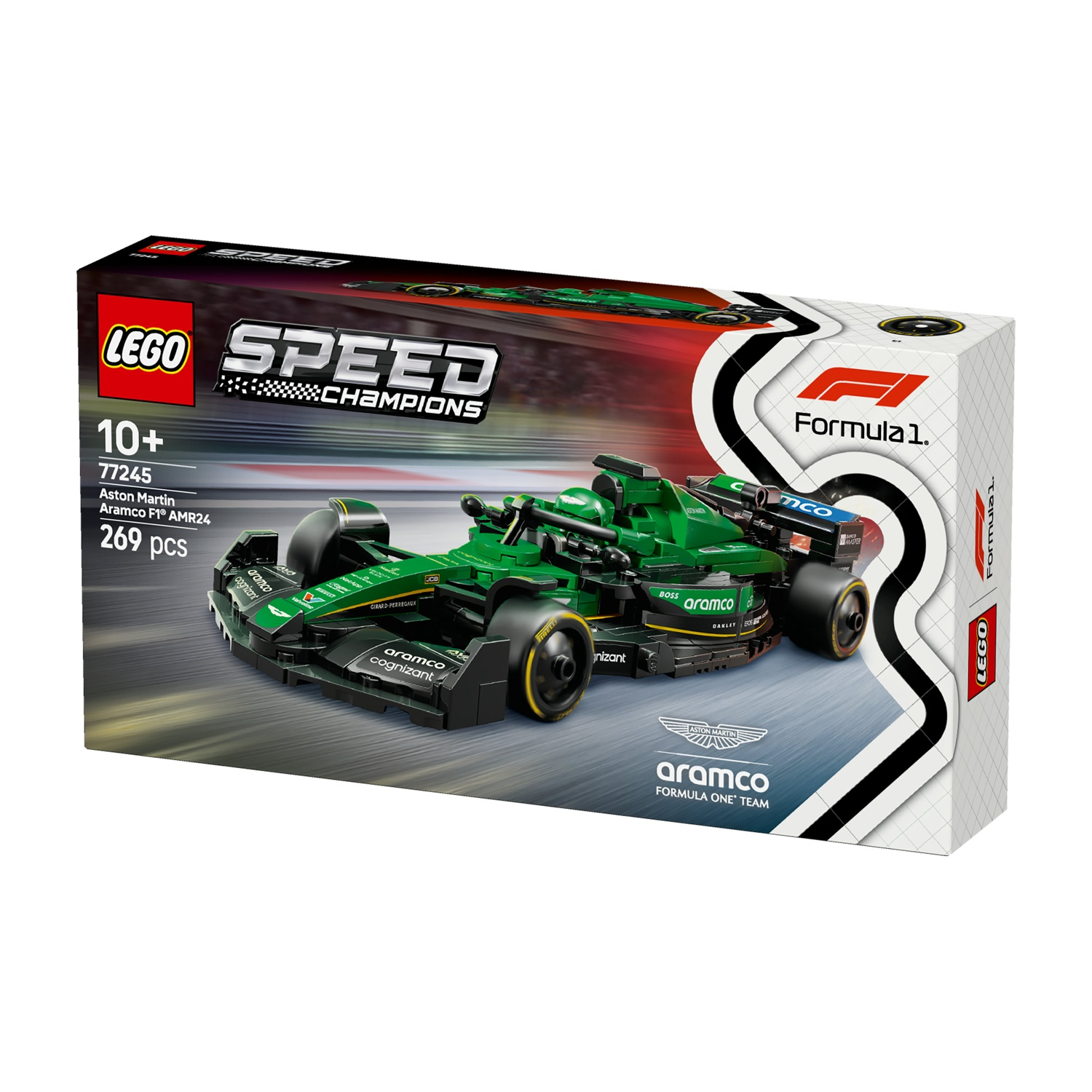 Un set Lego Speed Champions di un'auto Aston Martin F1. La scatola mostra l'auto verde con loghi e i marchi 'LEGO' e 'Formula 1'.